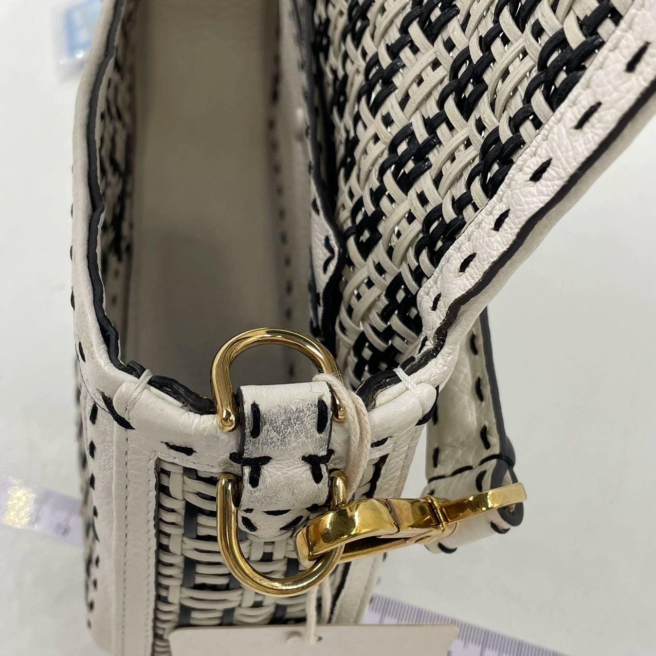 Fendi Baguette Calfskin Leather Weave Black and White Crossbody Bag 8