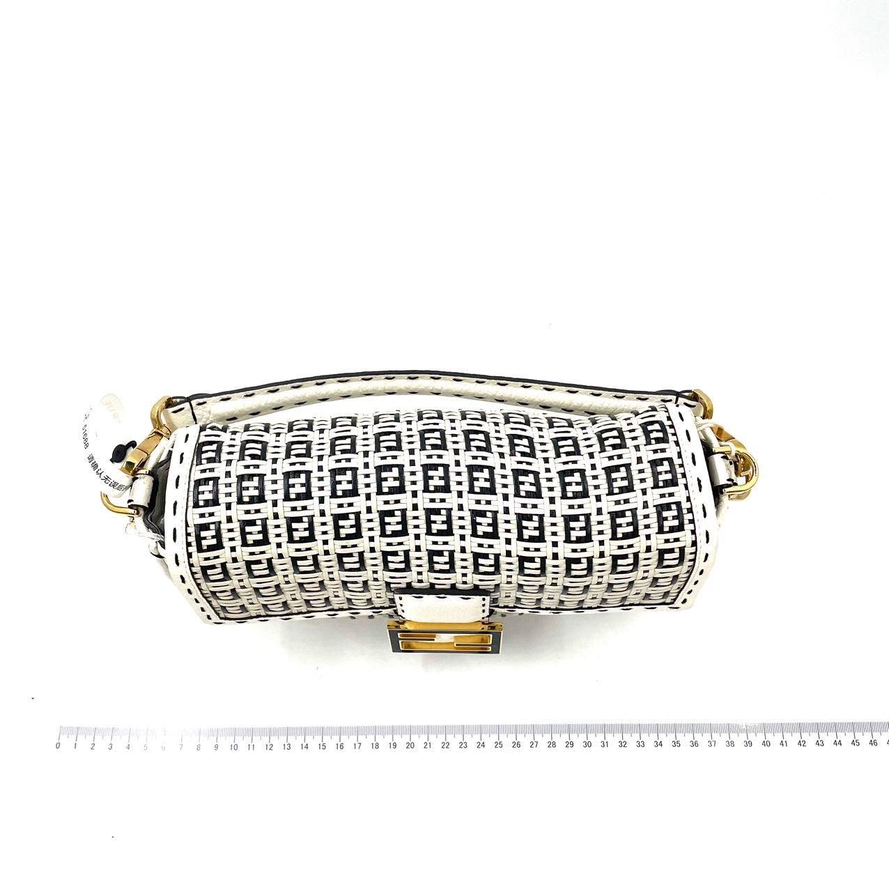 Beige Fendi Baguette Calfskin Leather Weave Black and White Crossbody Bag