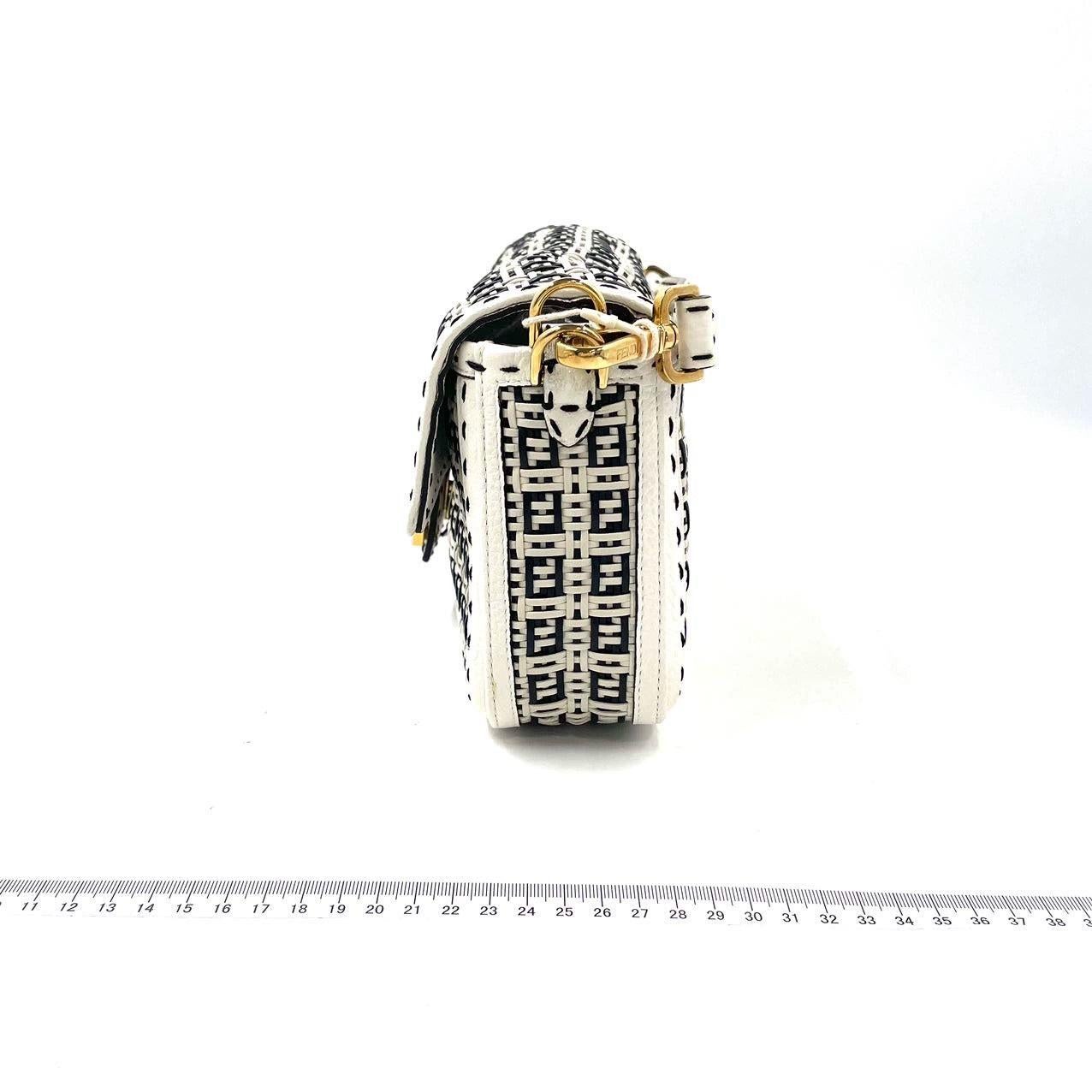 Women's Fendi Baguette Calfskin Leather Weave Black and White Crossbody Bag