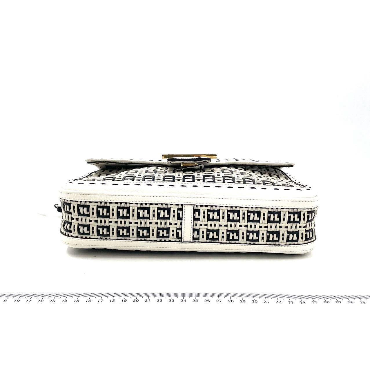 Fendi Baguette Calfskin Leather Weave Black and White Crossbody Bag 1