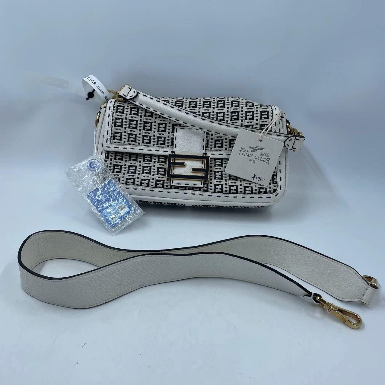 Fendi Baguette Calfskin Leather Weave Black and White Crossbody Bag 2