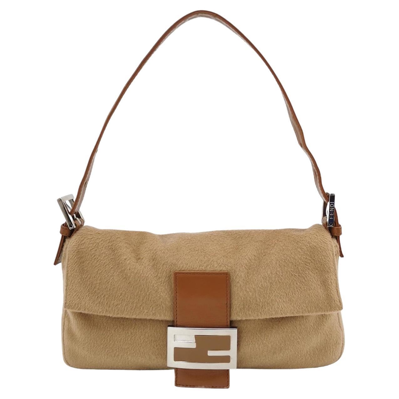 FENDI Baguette Camel Brown Soft Cloth Shoulder Bag For Sale