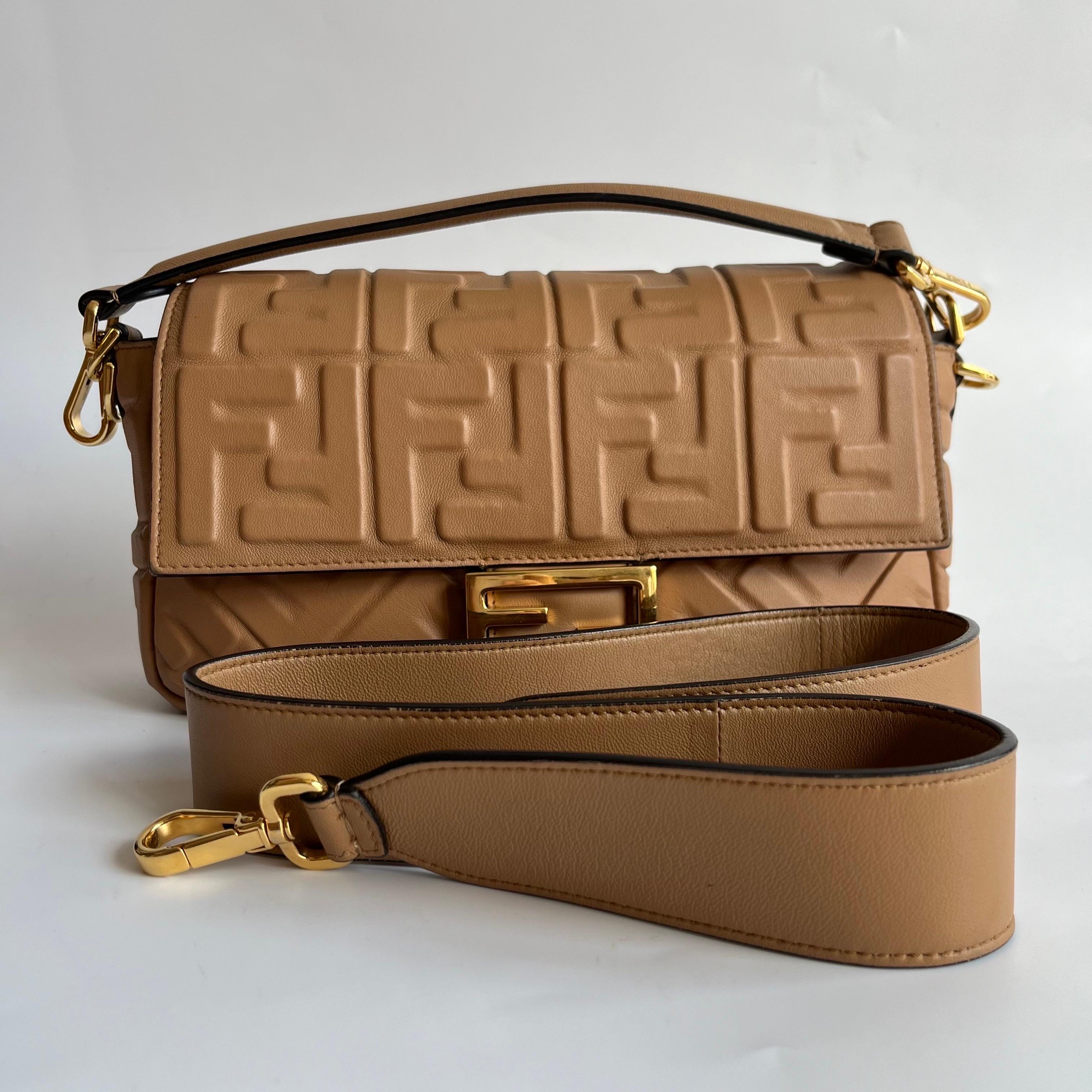 Fendi Baguette Caramel Tan Brown Lambskin Leather Crossbody Bag Medium For Sale 8