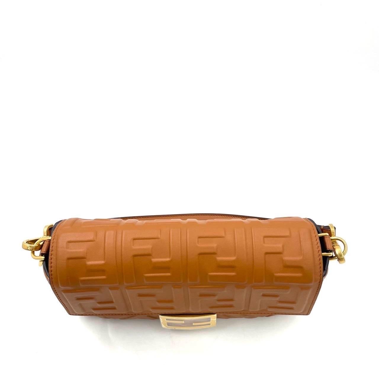 Fendi Baguette Caramel Tan Brown Lambskin Leather Crossbody Bag Medium For Sale 8