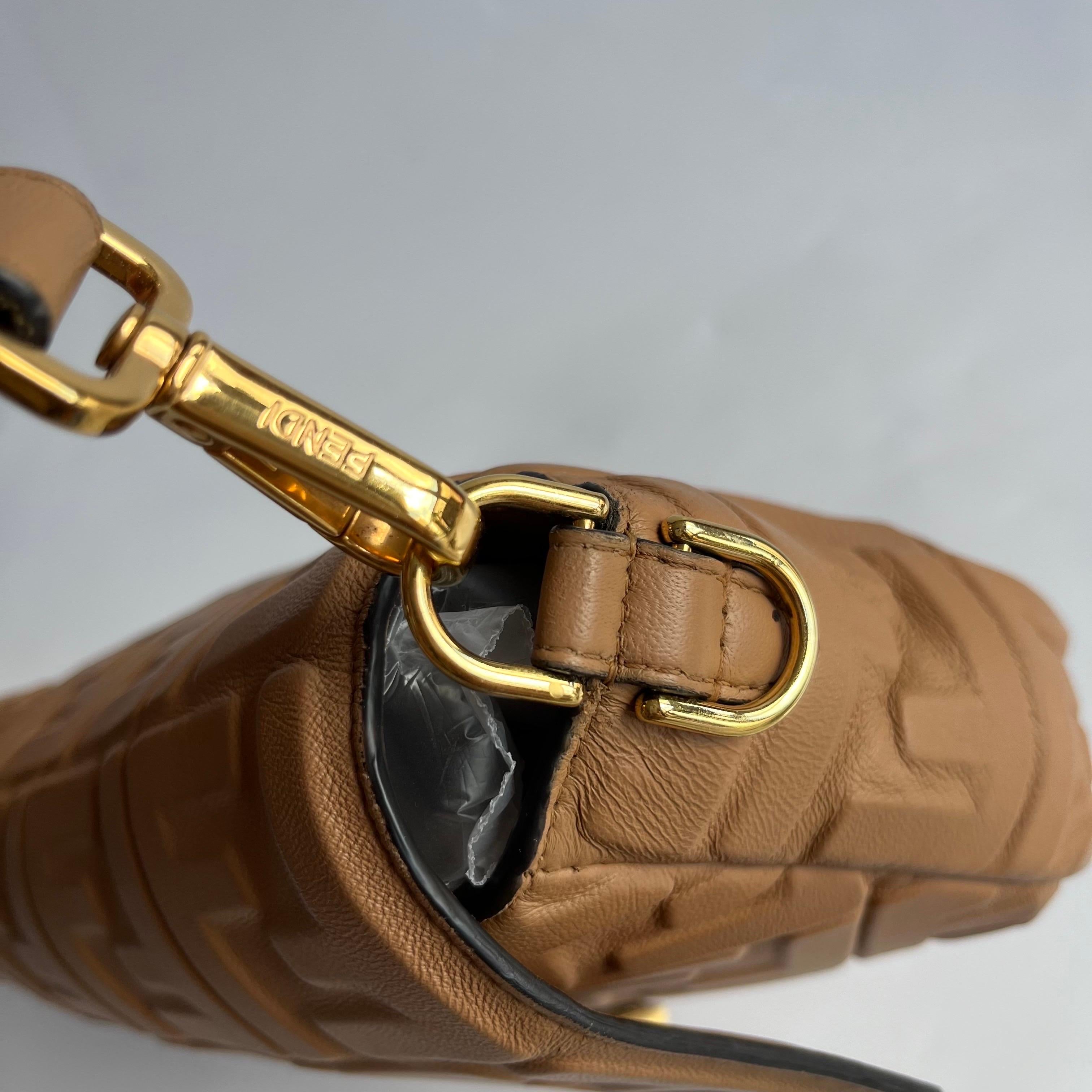 Fendi Baguette Caramel Tan Brown Lambskin Leather Crossbody Bag Medium For Sale 12