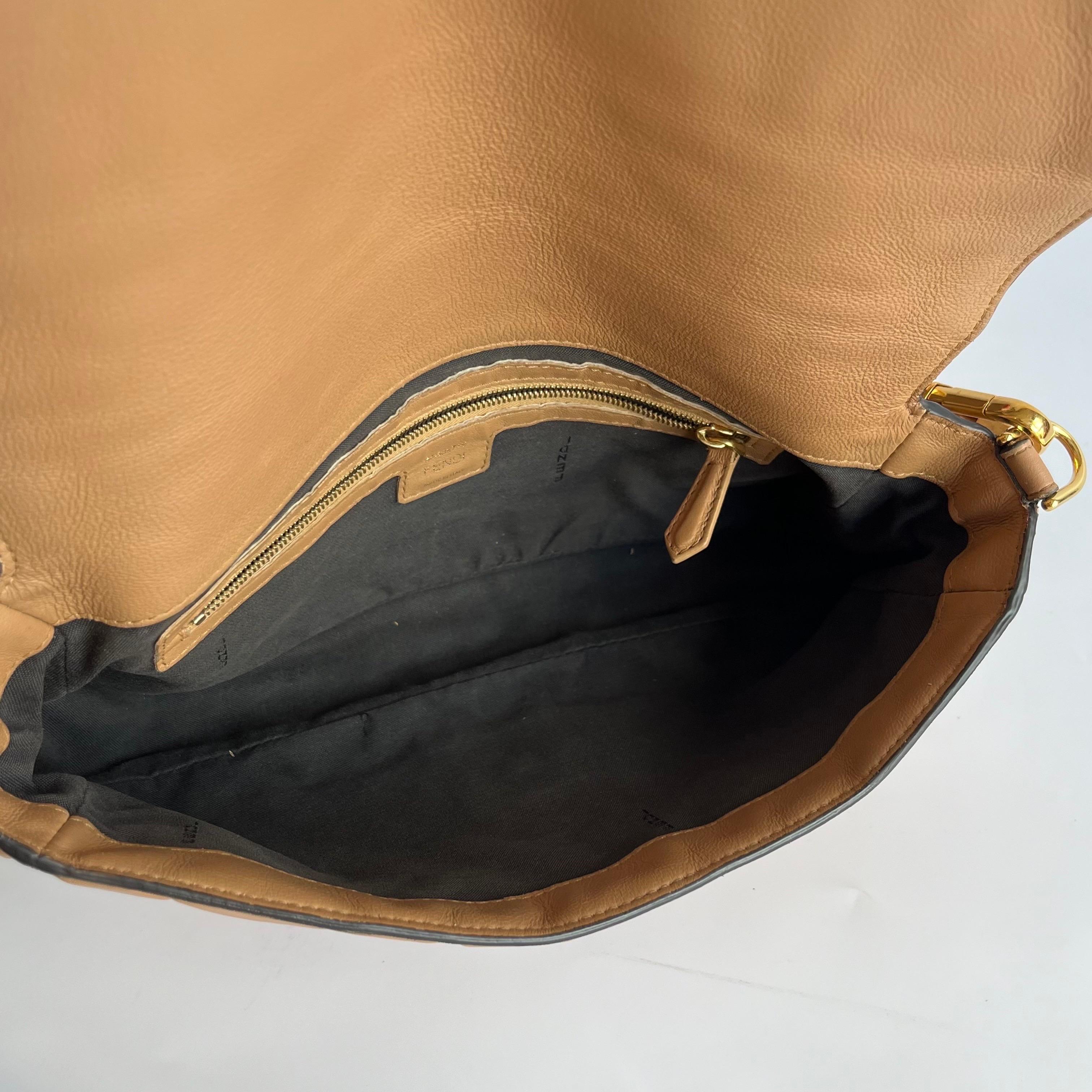 Fendi Baguette Caramel Tan Brown Lambskin Leather Crossbody Bag Medium For Sale 13