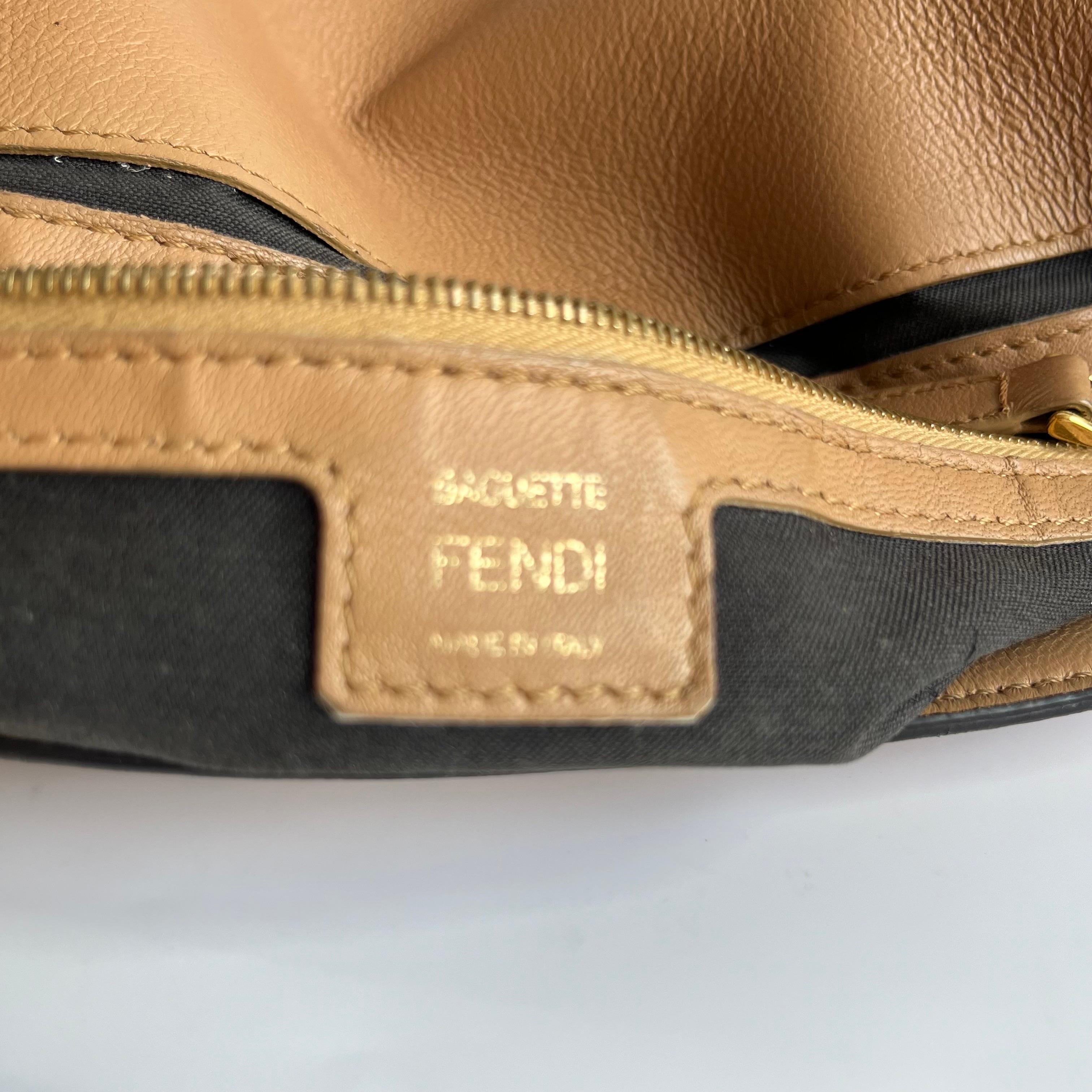 Fendi Baguette Caramel Tan Brown Lambskin Leather Crossbody Bag Medium For Sale 15