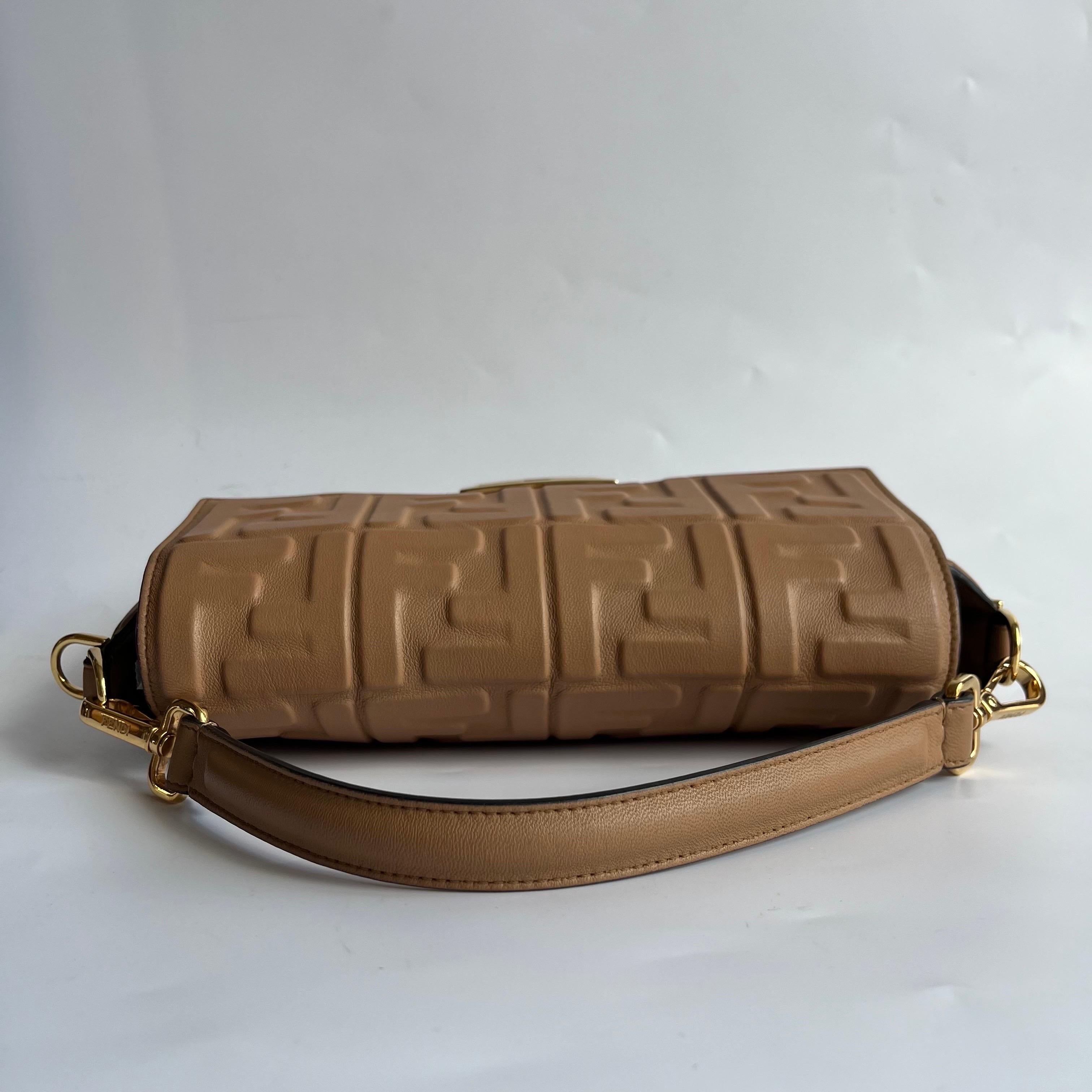 Fendi Baguette Caramel Tan Brown Lambskin Leather Crossbody Bag Medium For Sale 1