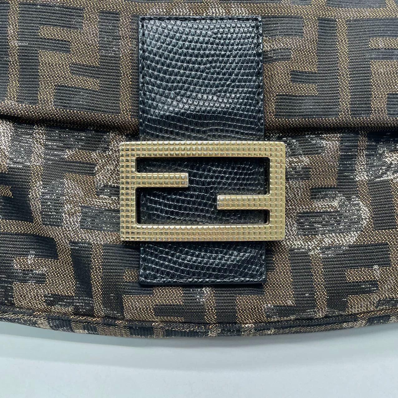 Fendi Baguette Classic Zucca Print Monogram Glossy Embroidery Lizzard Skin Strap 6