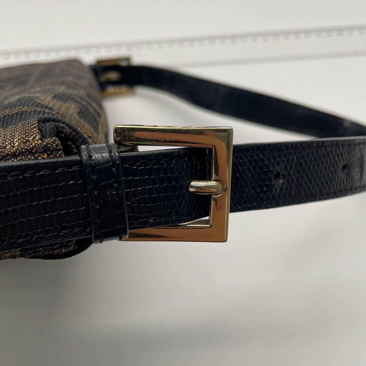 Fendi Baguette Classic Zucca Print Monogram Glossy Embroidery Lizzard Skin Strap 8