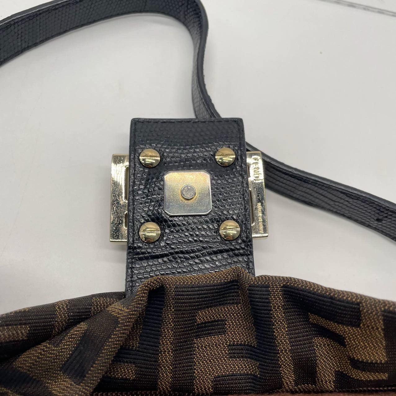 Fendi Baguette Classic Zucca Print Monogram Glossy Embroidery Lizzard Skin Strap 10