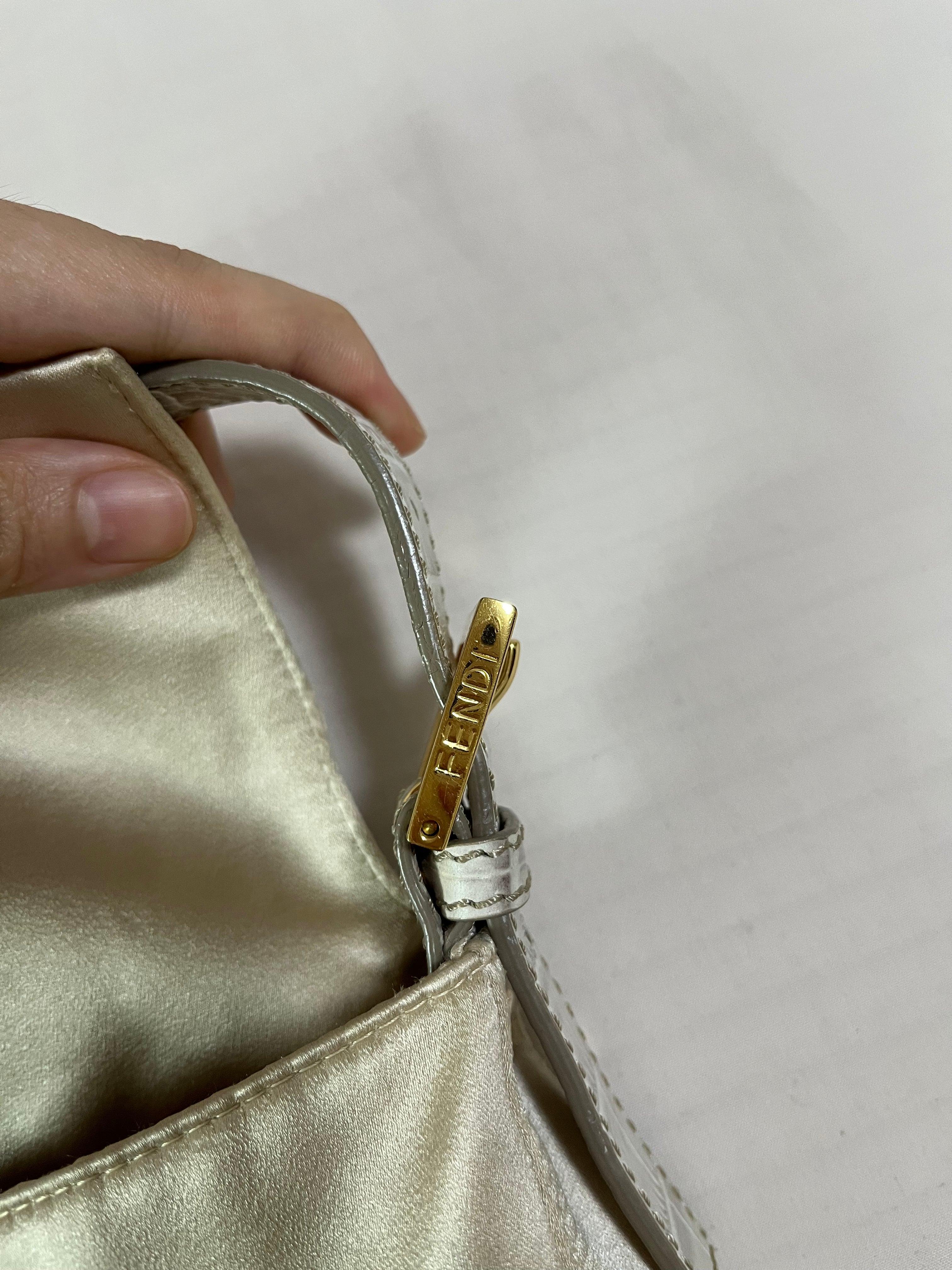FENDI Baguette Cream Biege Silk with Crystal Buckle 9