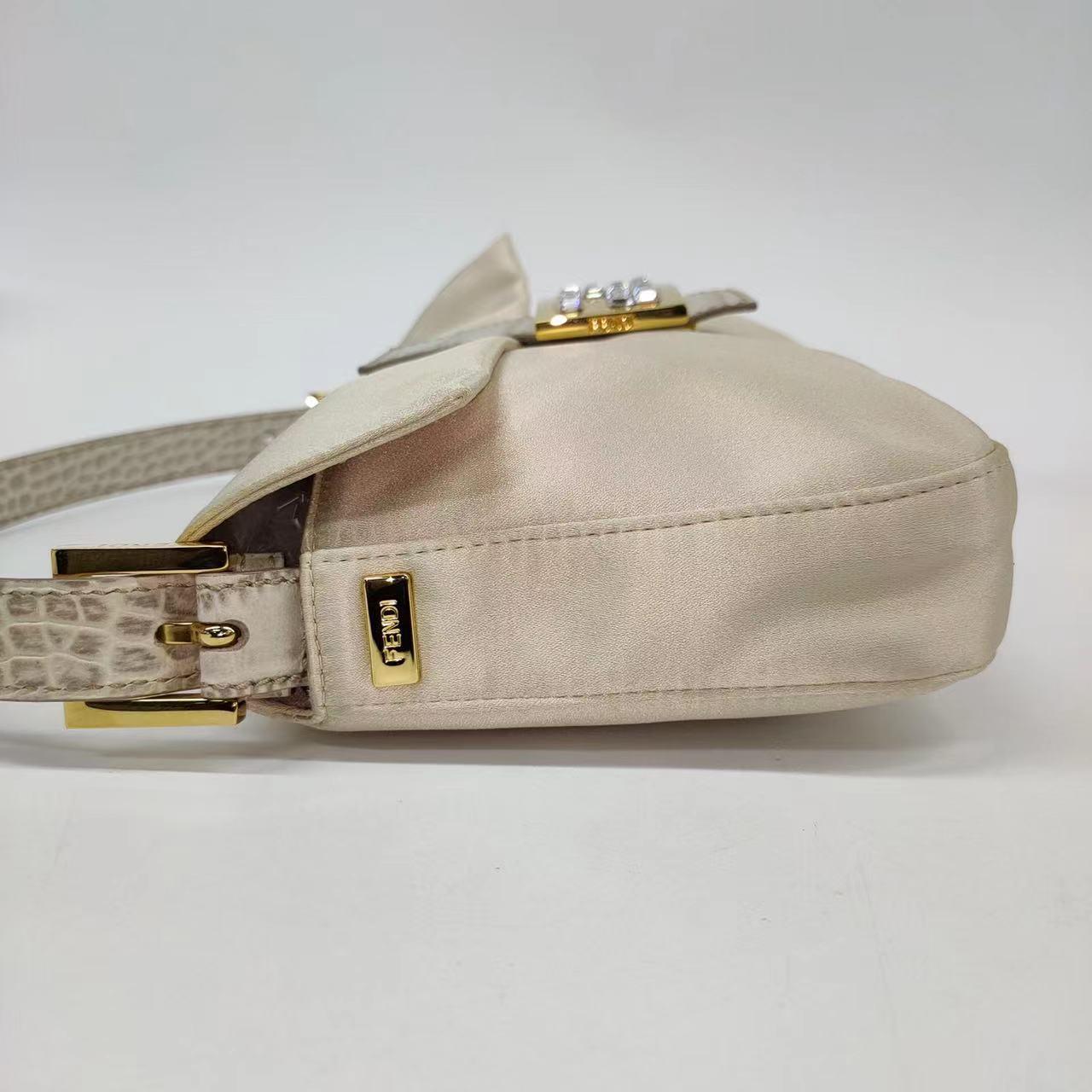 FENDI Baguette Cream Biege Silk with Crystal Buckle 2