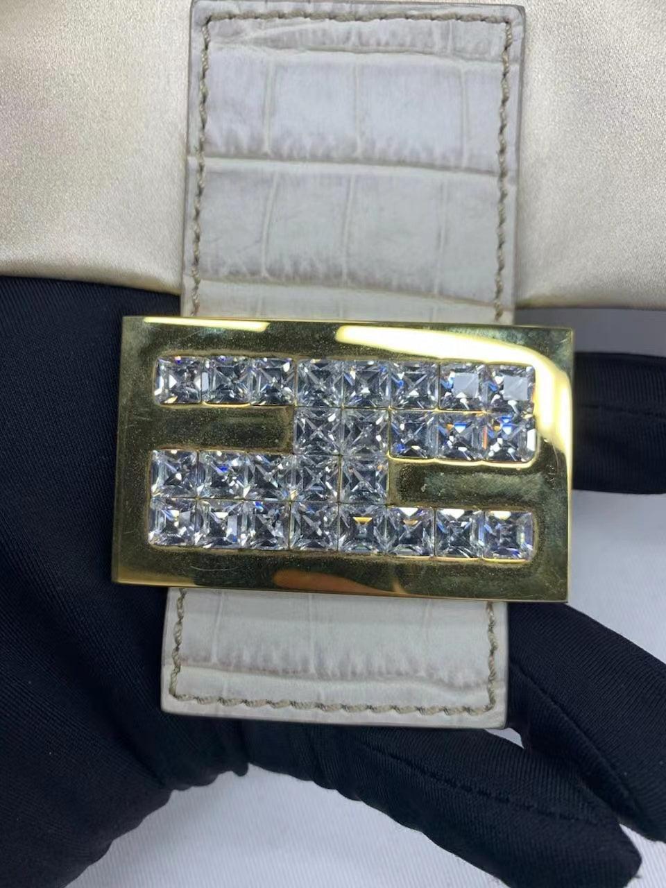 FENDI Baguette Cream Biege Silk with Crystal Buckle 3