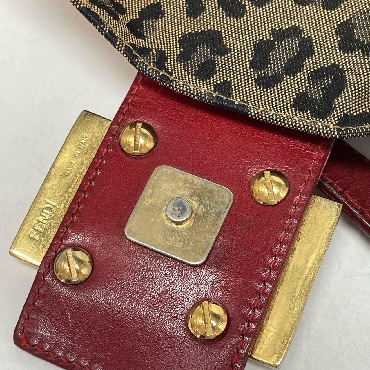 Fendi Baguette Denim Leopard Print with Red Leather Gold Hardware For Sale 9