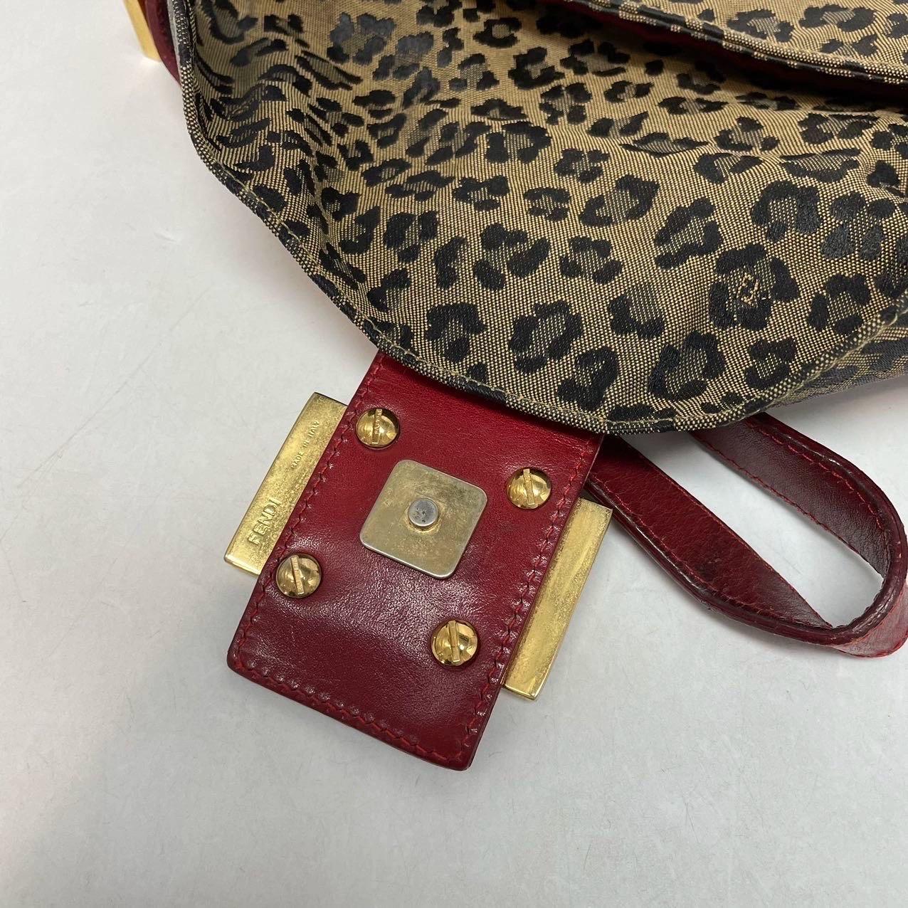 Fendi Baguette Denim Leopard Print with Red Leather Gold Hardware For Sale 10