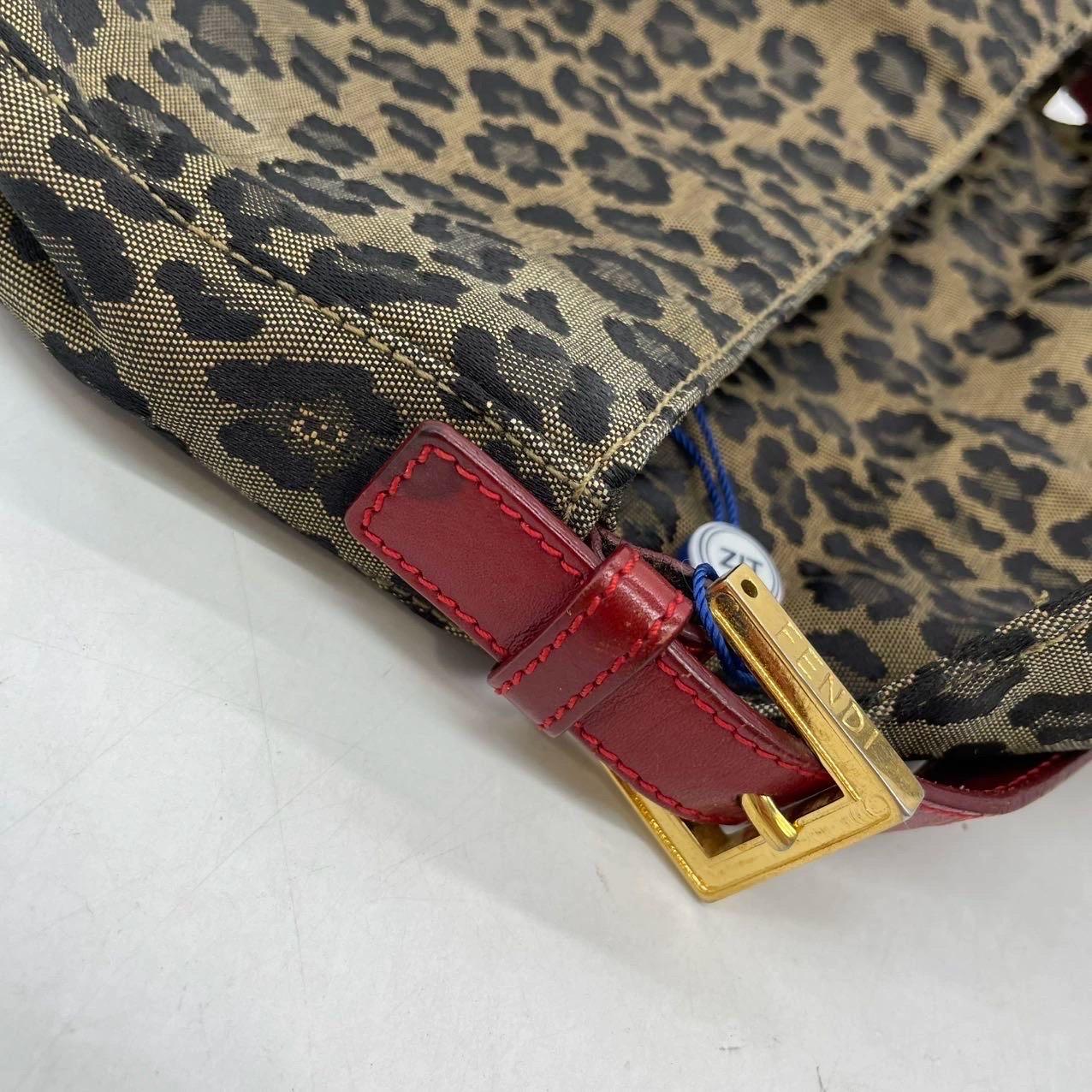 Fendi Baguette Denim Leopard Print with Red Leather Gold Hardware For Sale 11