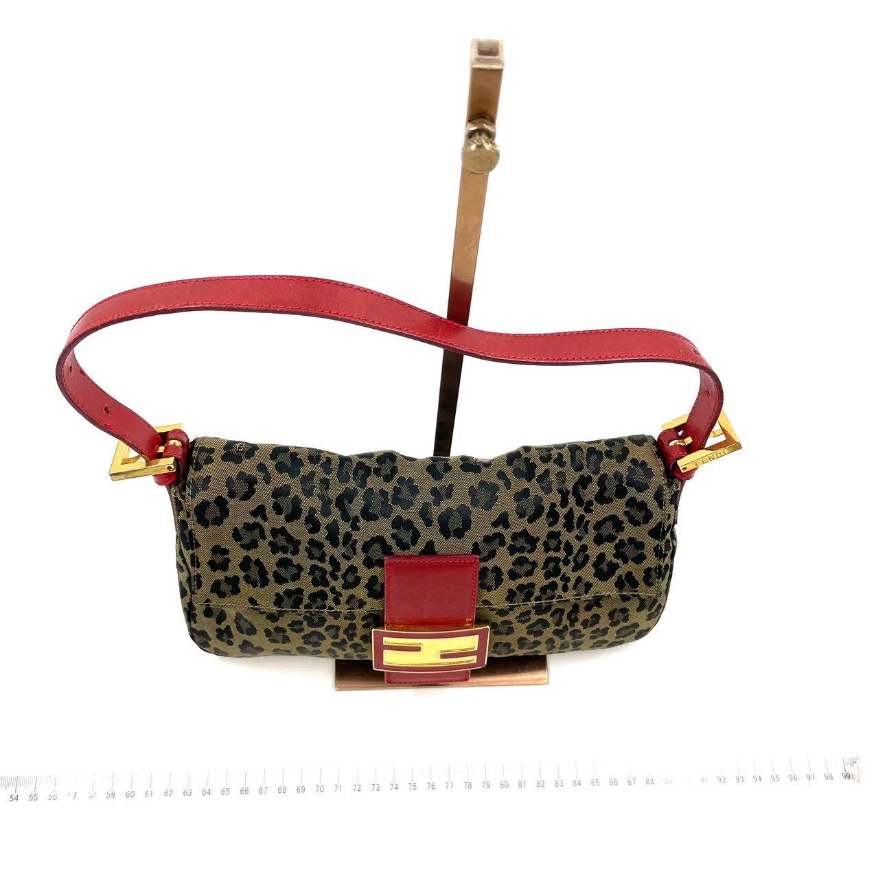 Black Fendi Baguette Denim Leopard Print with Red Leather Rare For Sale