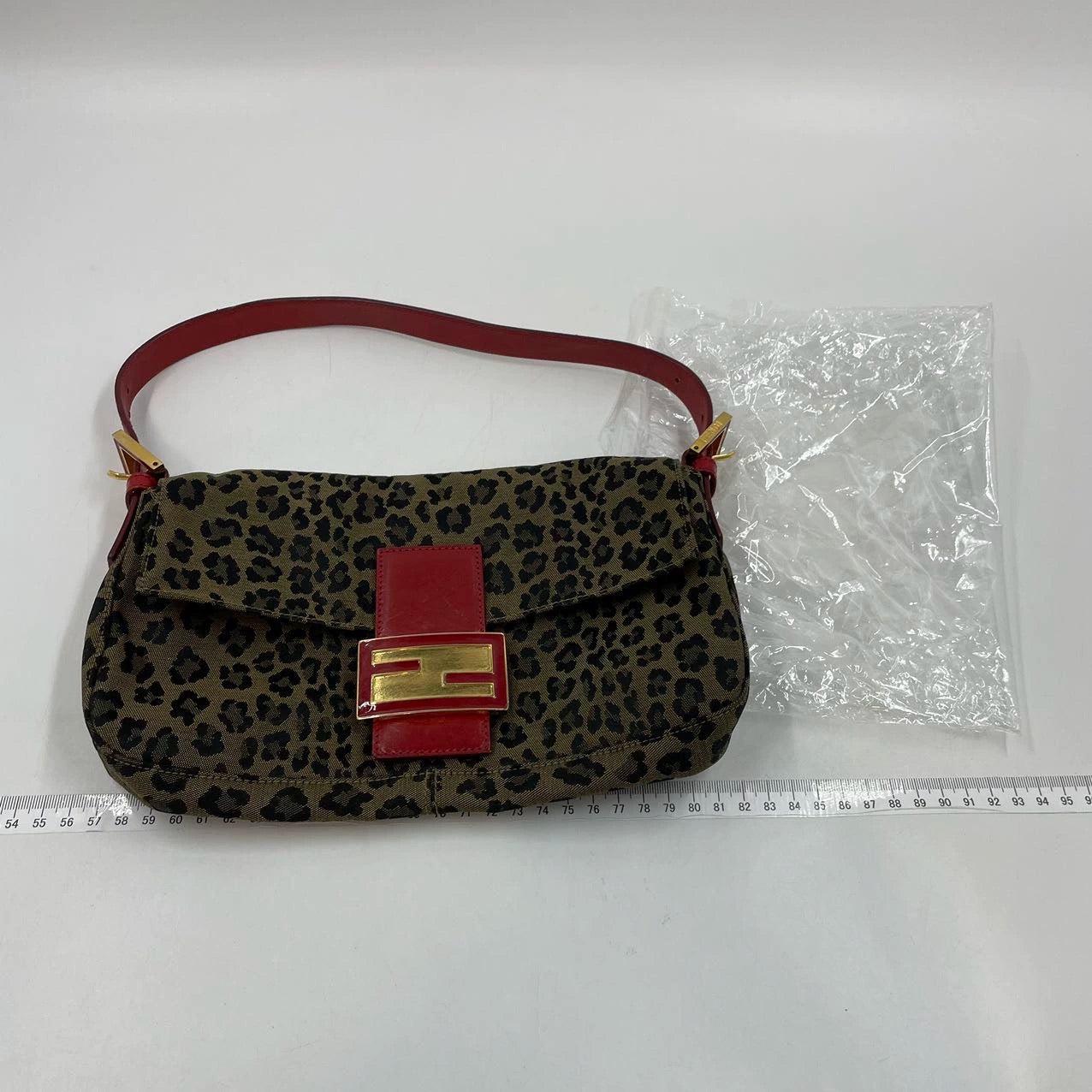 Fendi Baguette Denim Leopard Print with Red Leather Rare For Sale 2