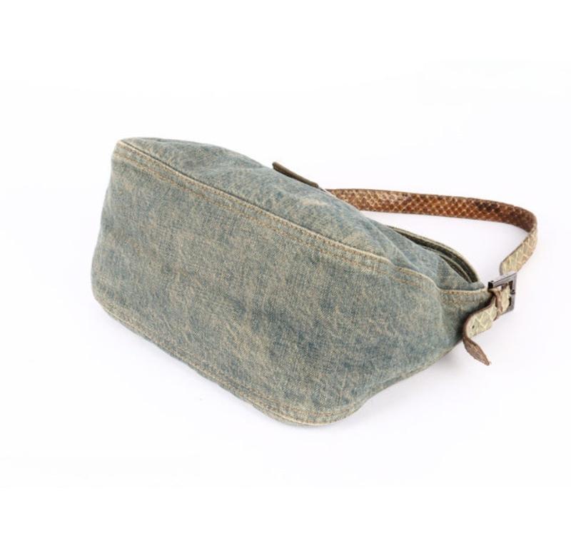 Fendi Baguette Denim Shoulder Bag Snake-skin Strap For Sale 11