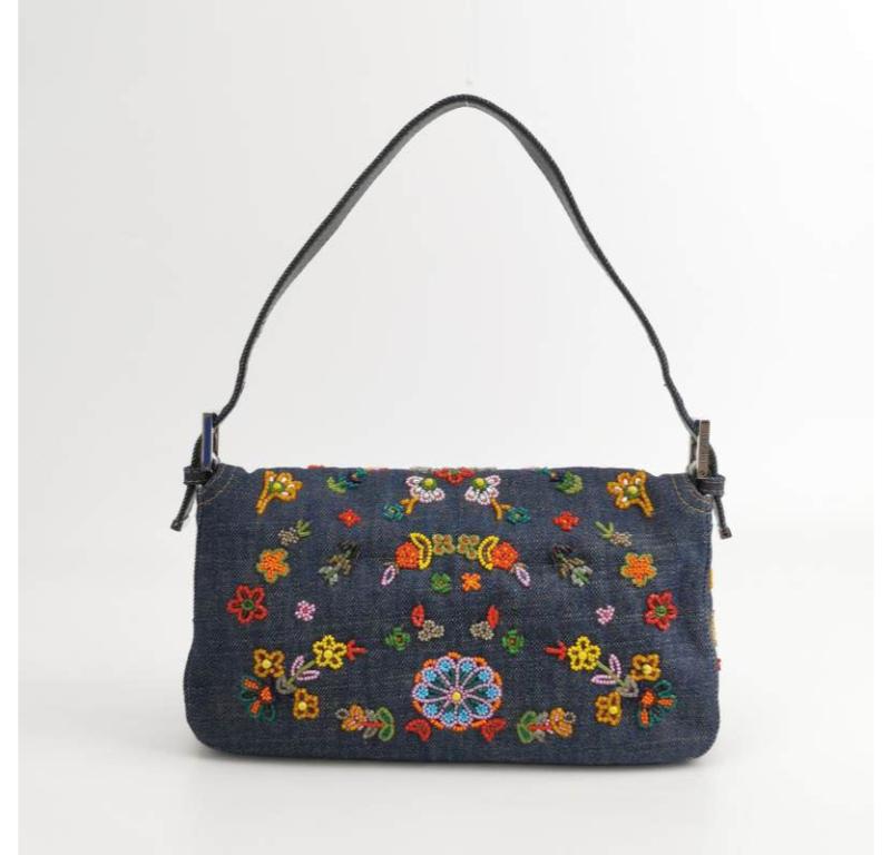 Women's Fendi Baguette Denim with Floral Beads 25 Anniversary Special Collection