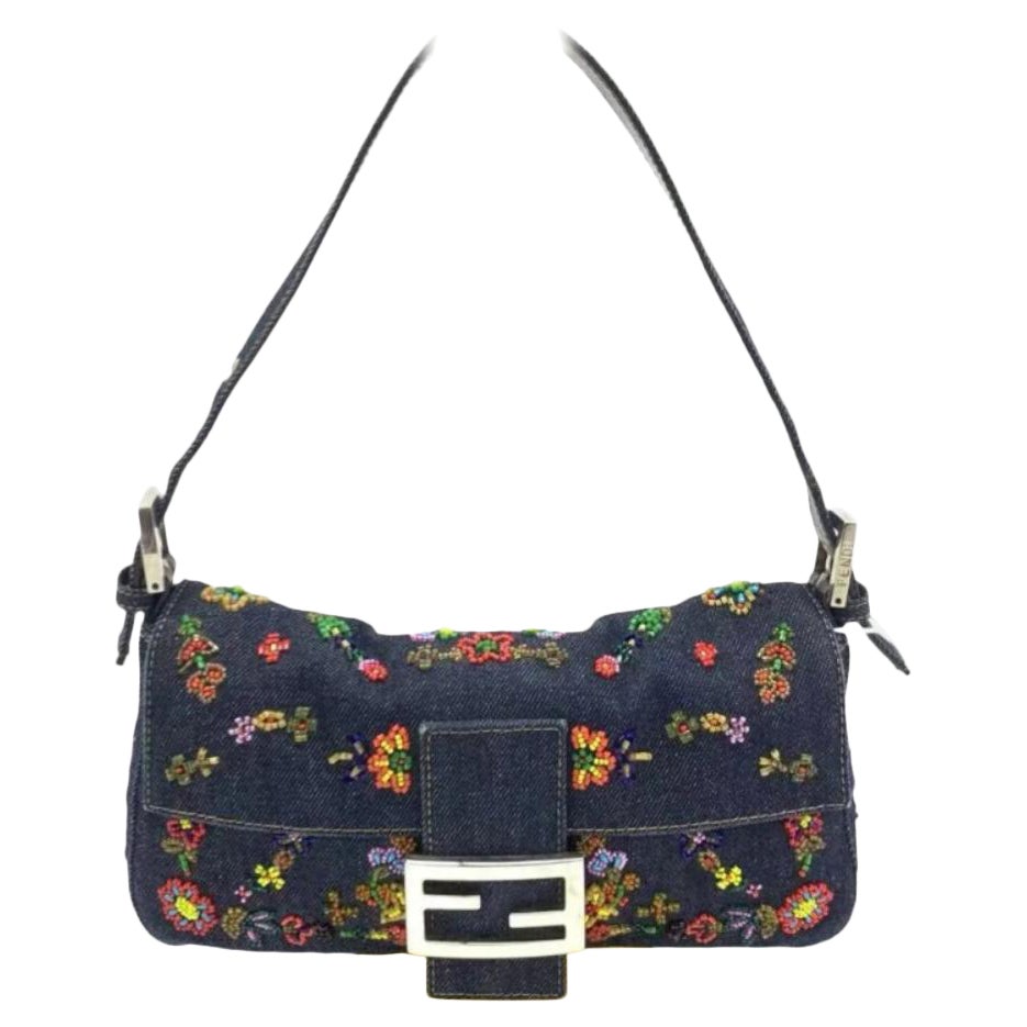 Fendi Baguette Denim with Floral Beads 25 Anniversary Special Collection