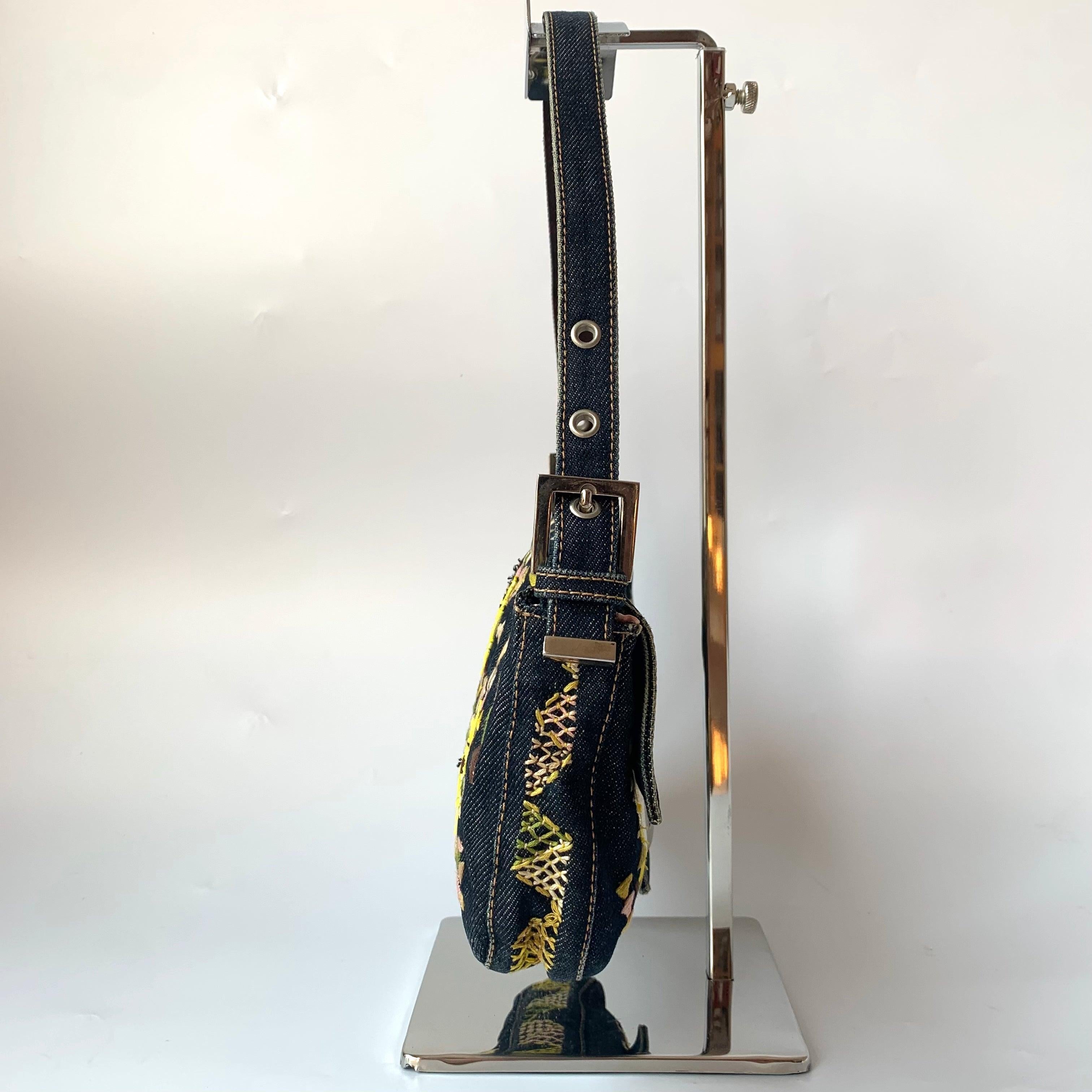 Black Fendi Baguette Denim with Floral Embroidery