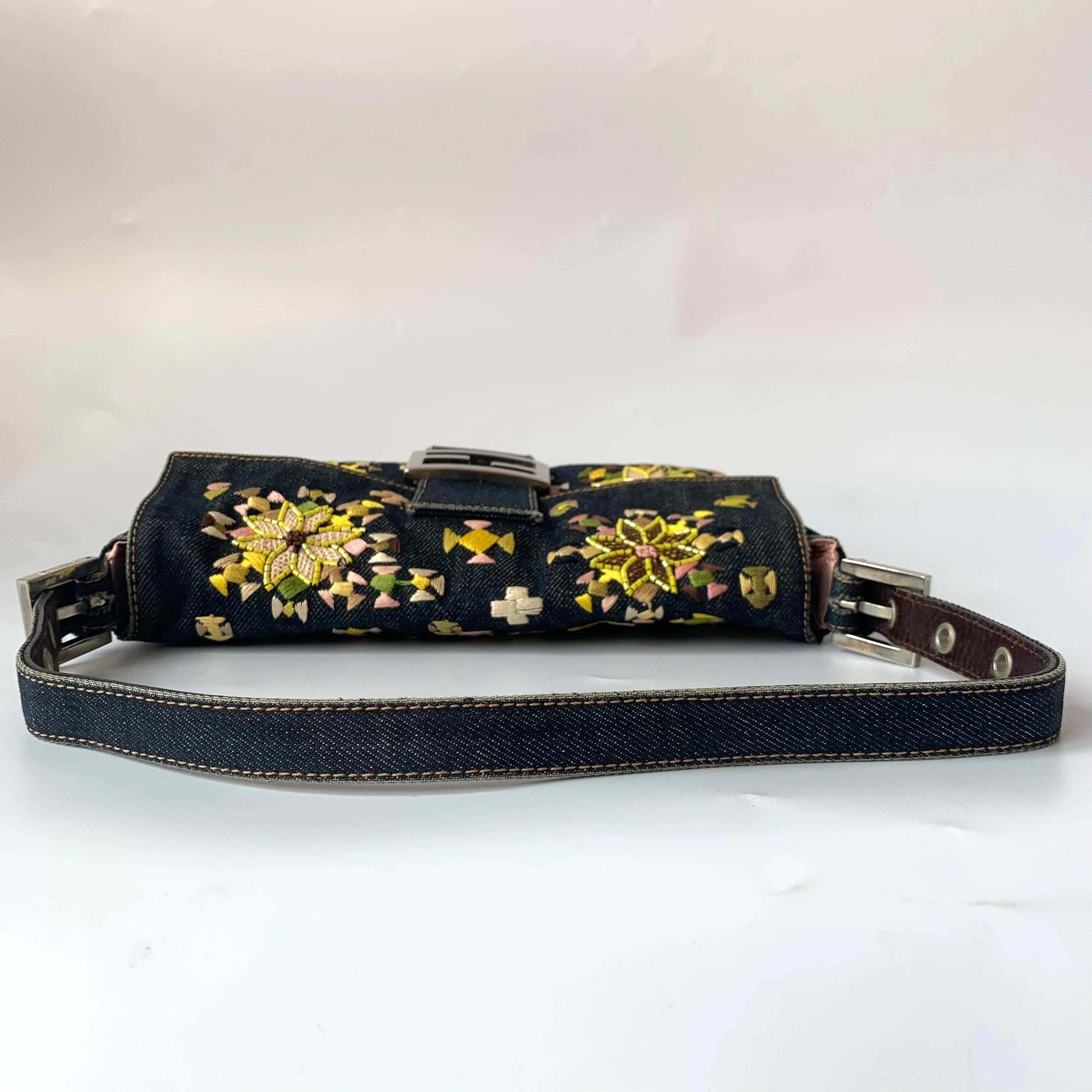 Women's Fendi Baguette Denim with Floral Embroidery
