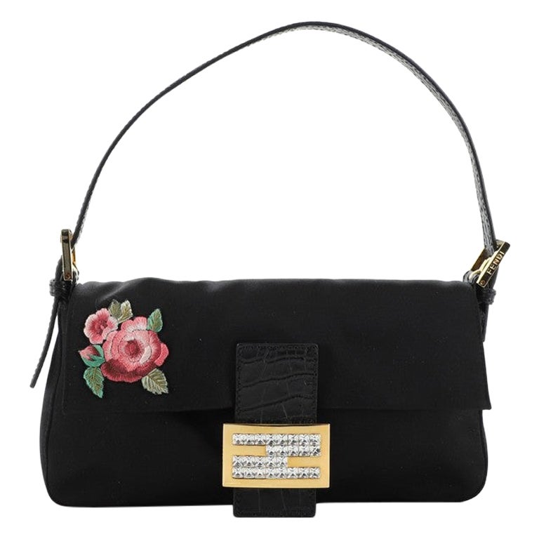 Fendi Baguette Embroidered Satin with Crocodile Embossed Leather and Crystals