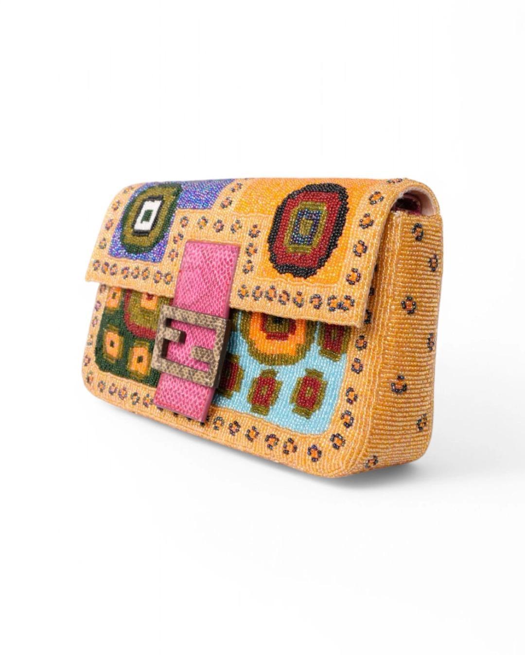 Brown Fendi Ethical Beaded Baguette Pink Lizard For Sale