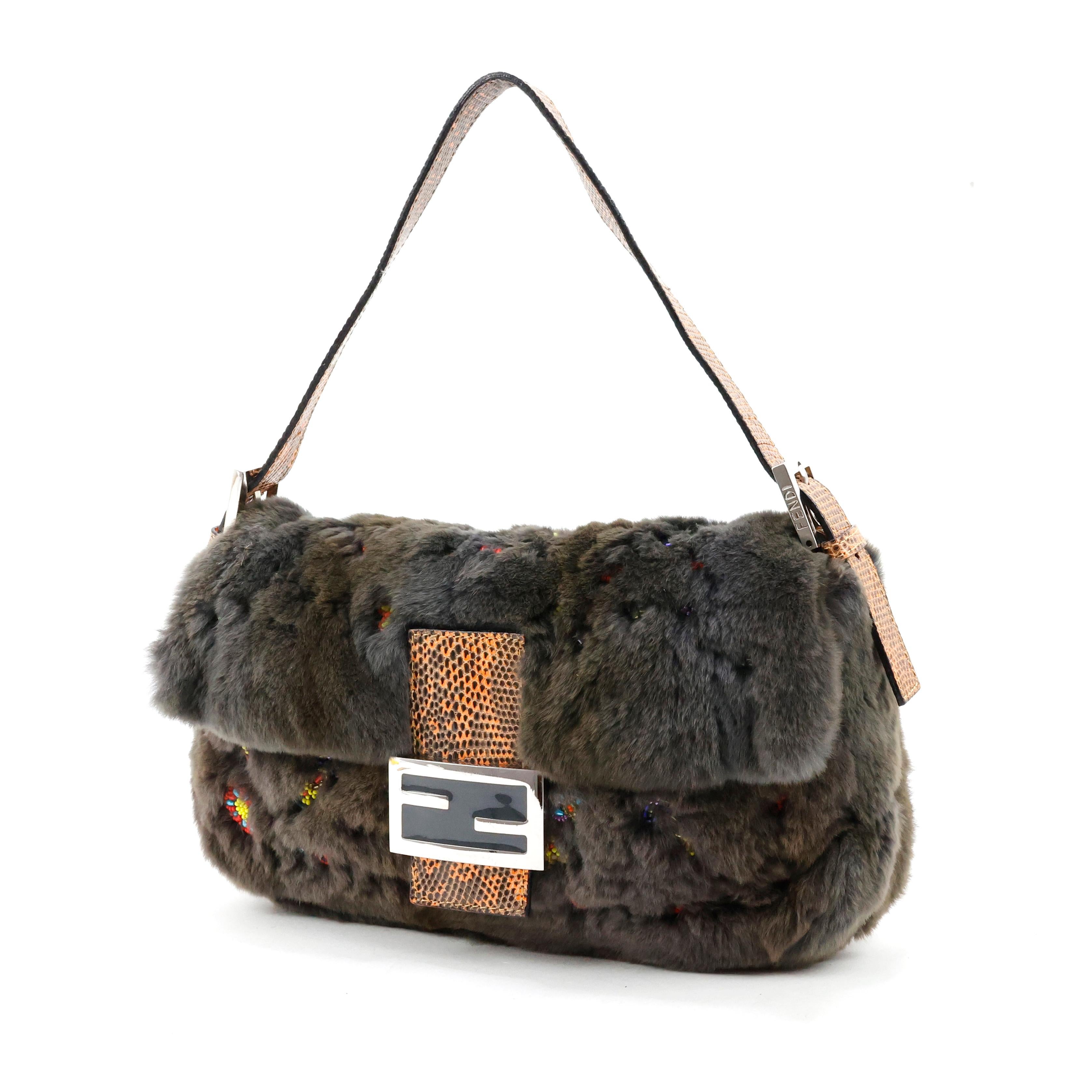 Women's Fendi Baguette Fendi embroidered baguette bag in fur and python leather For Sale