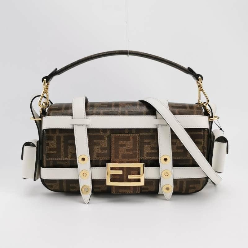 Beige Fendi Baguette Glazed Fabric Vitello Century FF 1974 Baguette Cage Mogano Panna For Sale