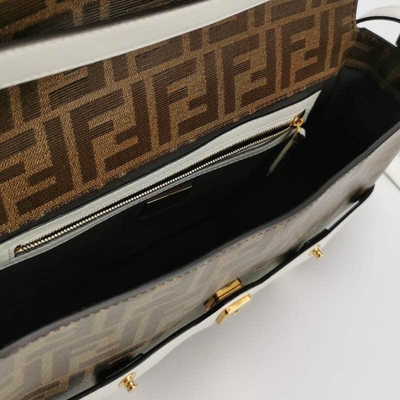 Women's Fendi Baguette Glazed Fabric Vitello Century FF 1974 Baguette Cage Mogano Panna For Sale