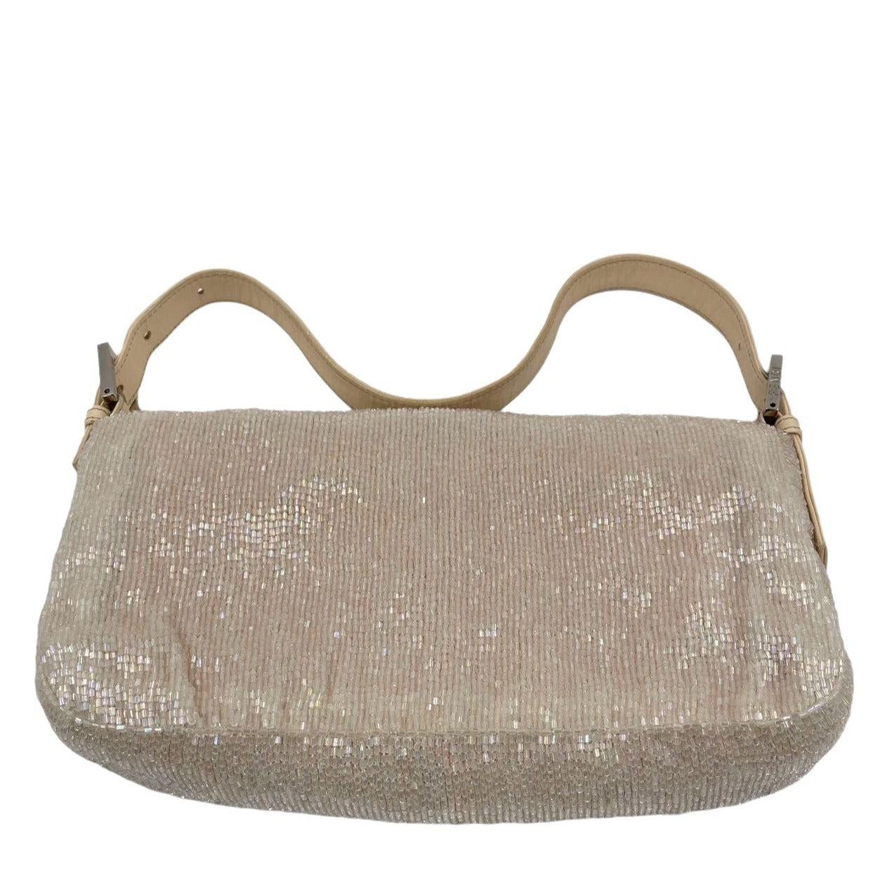 Fendi Baguette Glittering Waterfall Beads Cream Shoulder Bag
  These are professional photos of the actual bag.
  Discover another classic vintage Fendi baguette with waterfall beads in cream white color. These beads are slightly longer than the