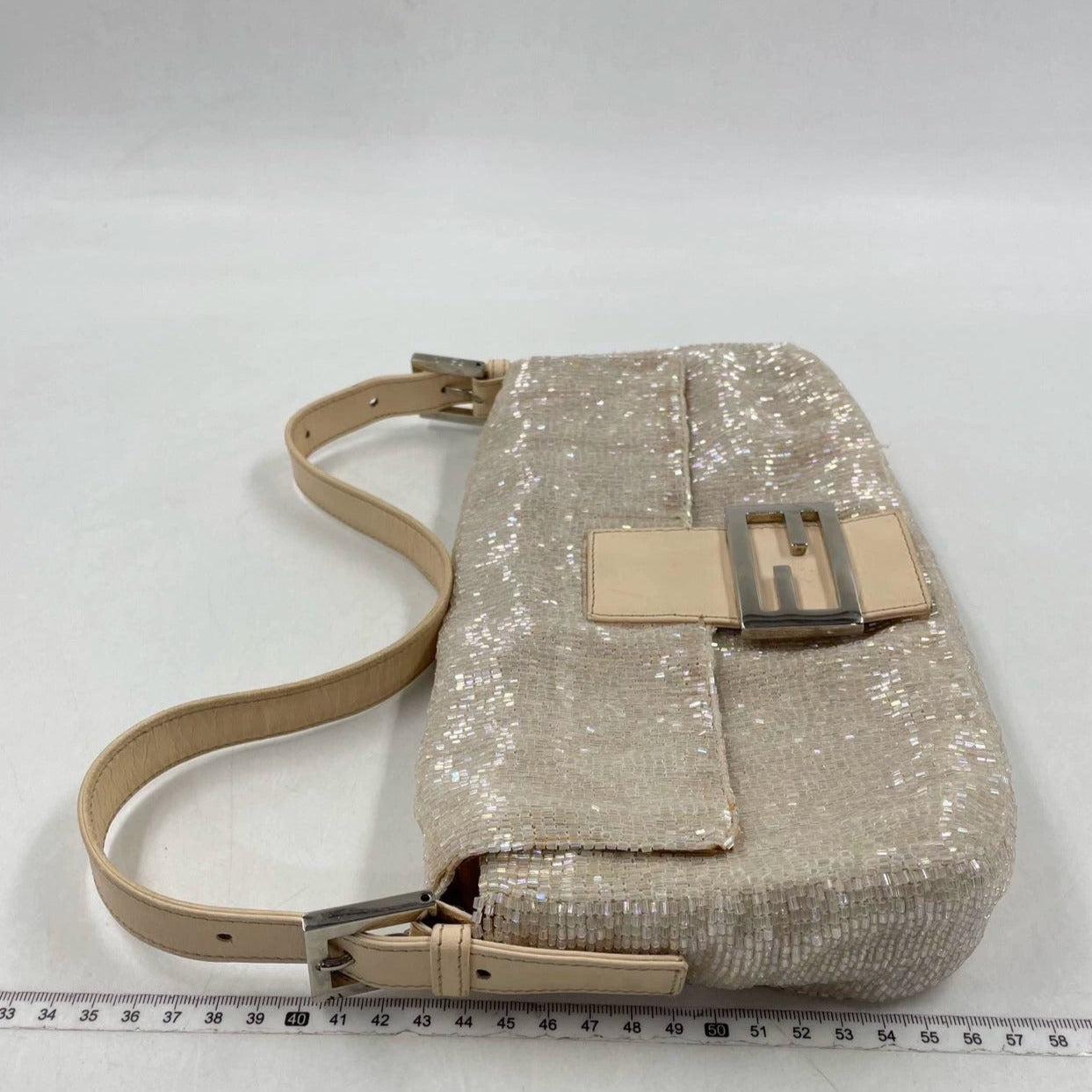 Women's Fendi Baguette Glittering Waterfall Beads Cream Shoulder Bag