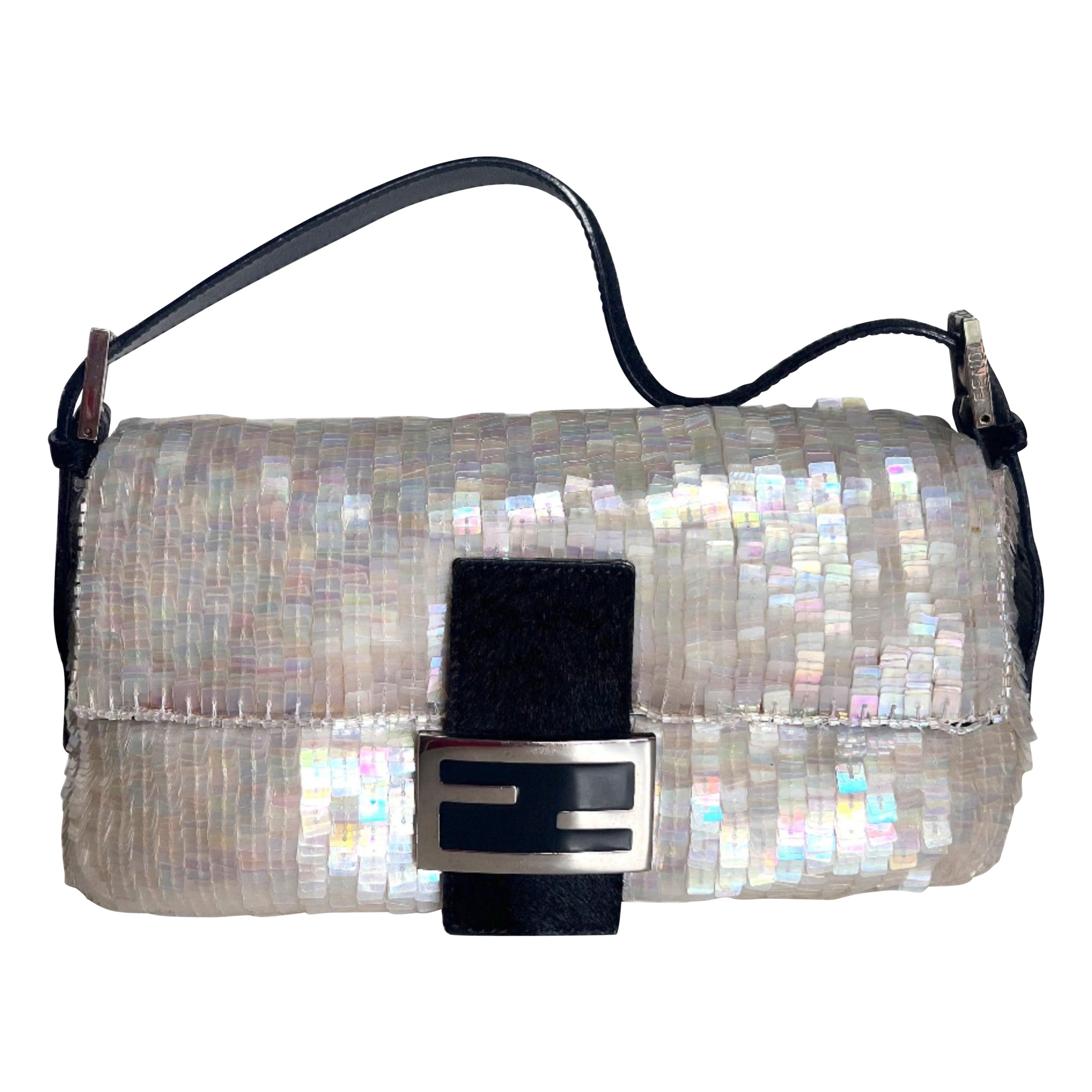 Fendi Baguette Gold Translucent Sequins with Pony-style Leather Strap