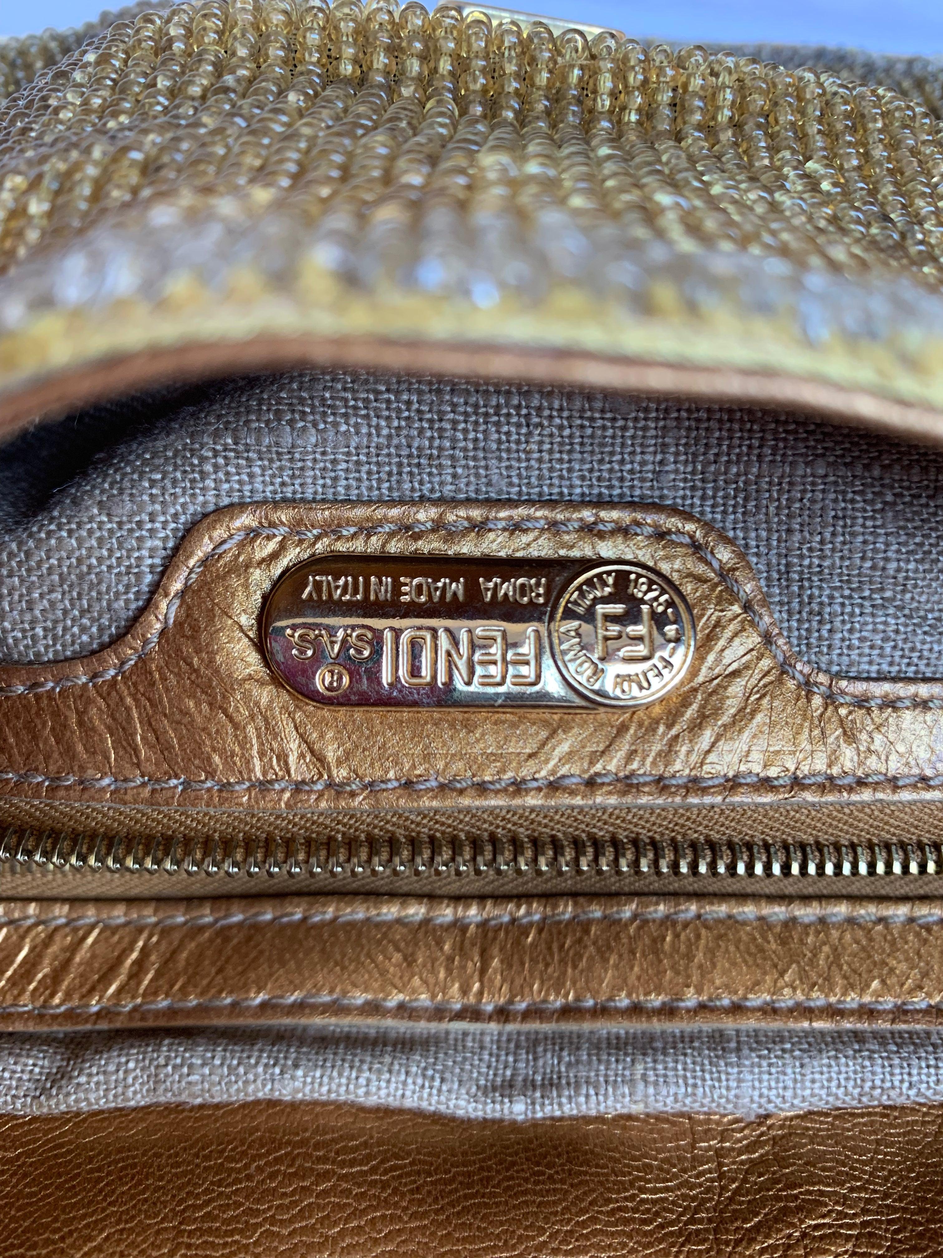 Brown Fendi Baguette in Gold beads and Gold iridescent leather