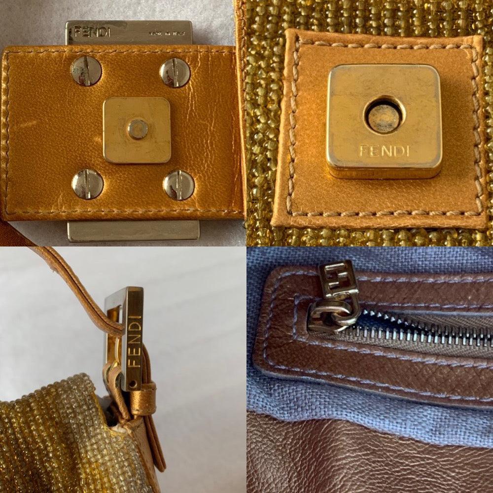 Fendi Baguette in Gold beads and Gold iridescent leather In Good Condition In AUBERVILLIERS, FR