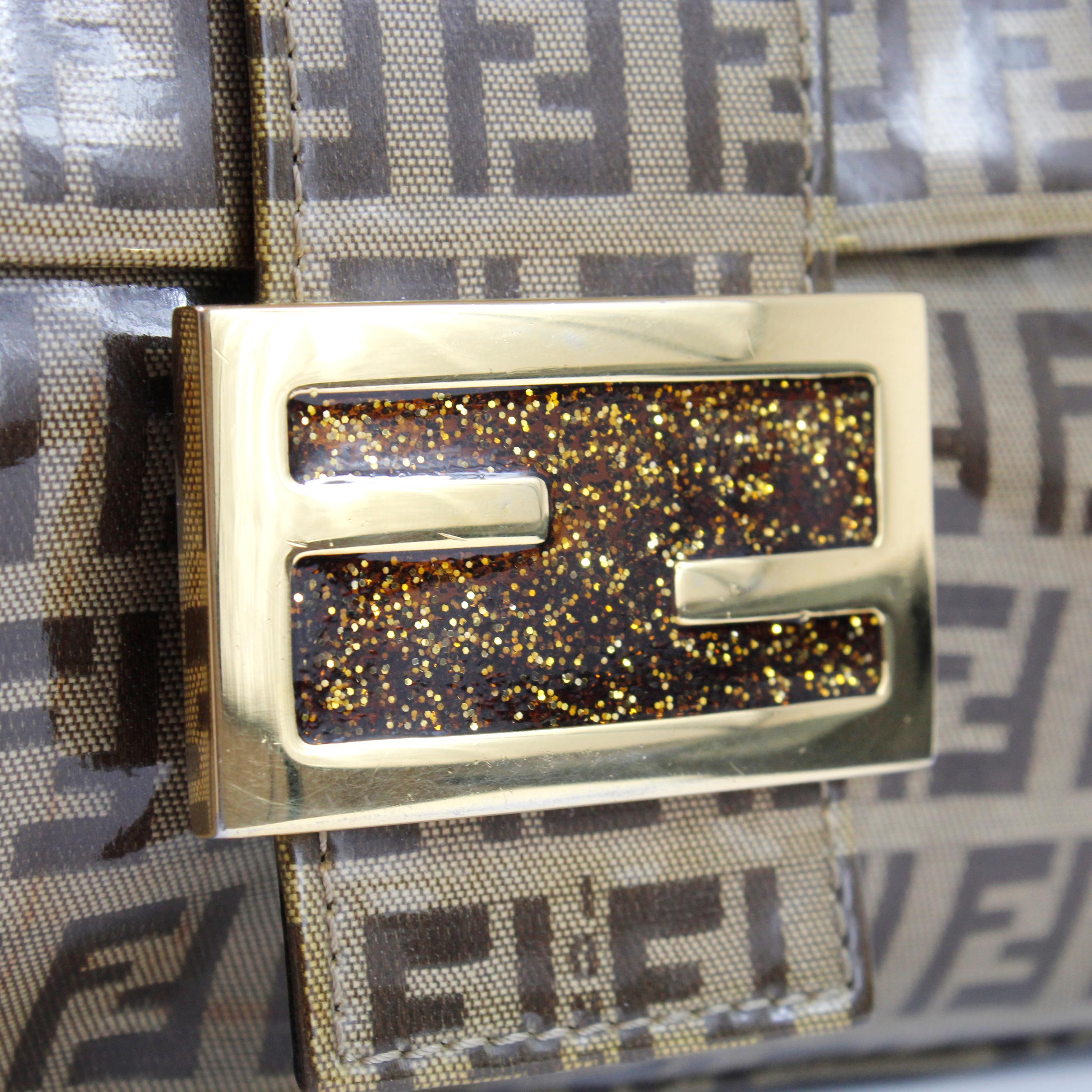 Fendi Baguette in Monogrammed Zucchino Vinyl Glitter logo Gold HW 6