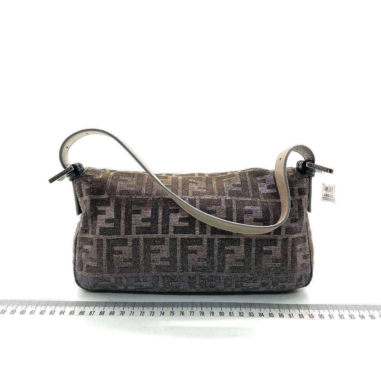 Fendi Baguette Iridescent Brown Zucca Print with Crystal Buckle
  These are professional photos of the actual bag offered by Luxbags.
  The Fendi Baguette features their iconic Zucca print, but this version is in a mesmerizing iridescent brown. Its