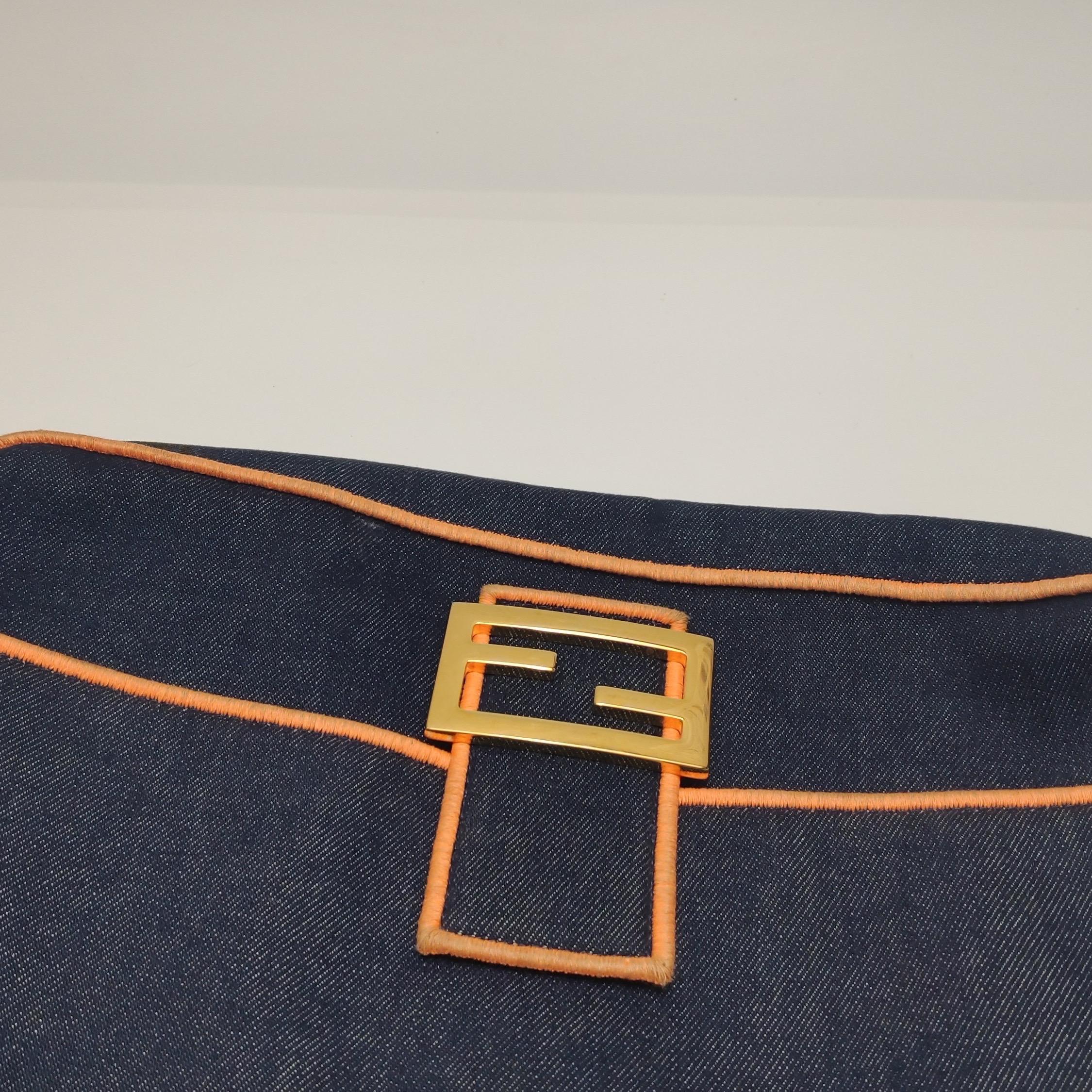 FENDI Baguette Large Denim with Orange Neon Trimming Crossbody Bag For Sale 11
