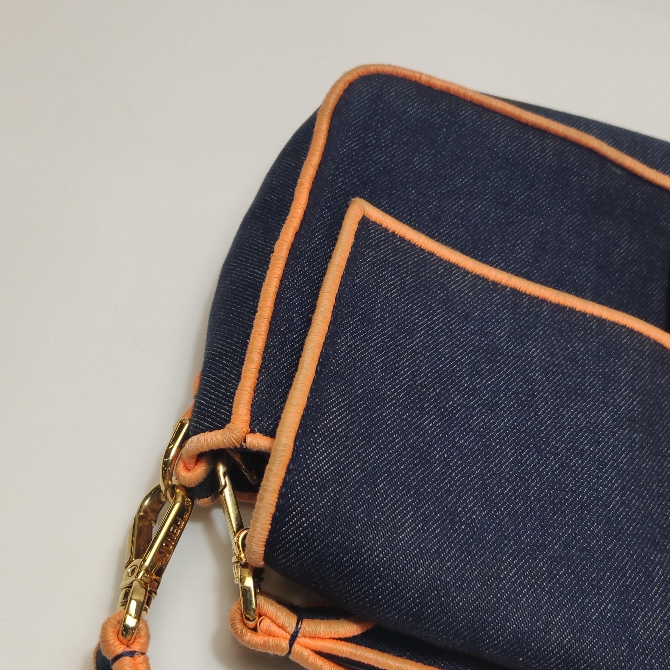 FENDI Baguette Large Denim with Orange Neon Trimming Crossbody Bag For Sale 13