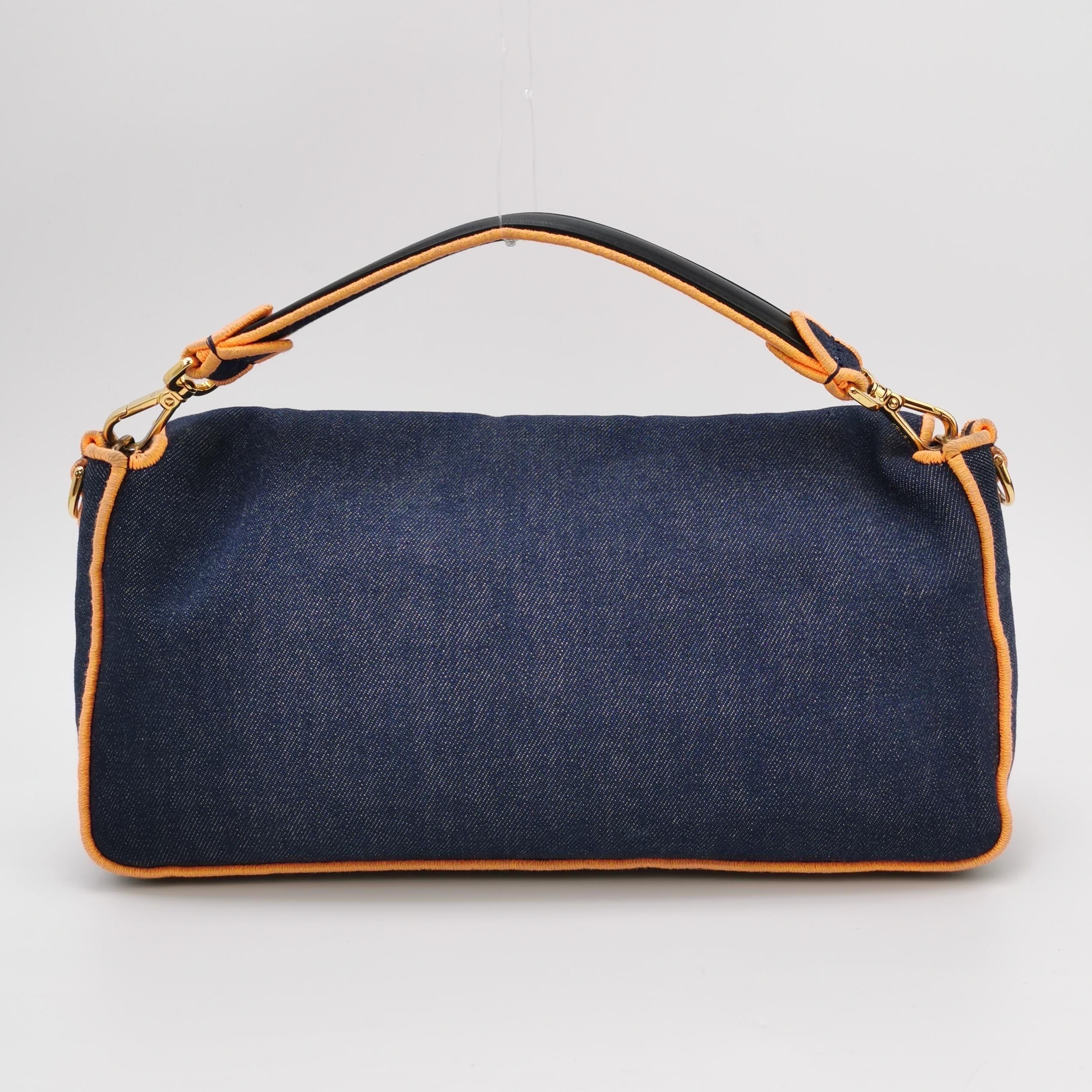 Black FENDI Baguette Large Denim with Orange Neon Trimming Crossbody Bag For Sale