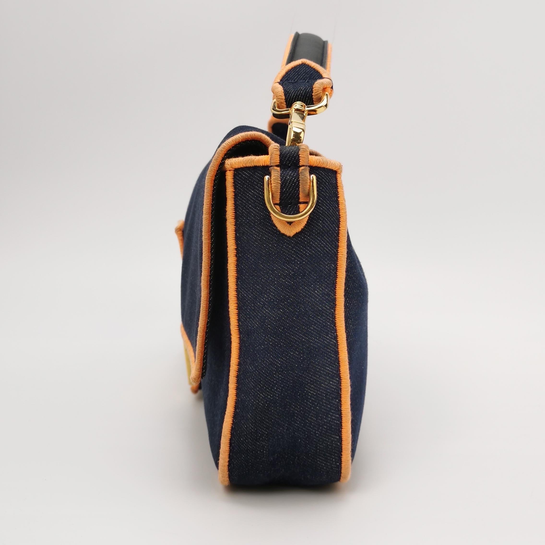 Women's FENDI Baguette Large Denim with Orange Neon Trimming Crossbody Bag For Sale