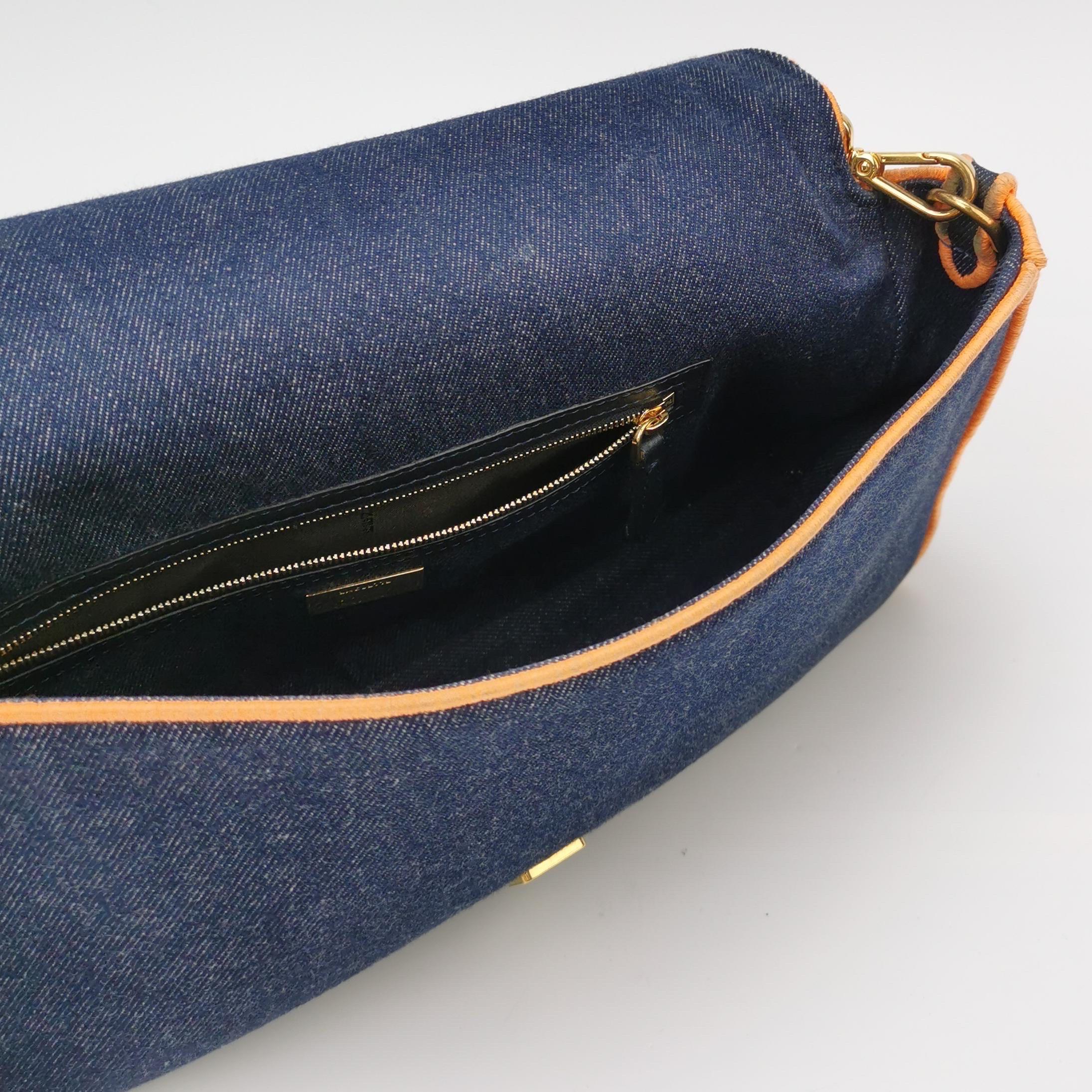 FENDI Baguette Large Denim with Orange Neon Trimming Crossbody Bag For Sale 2