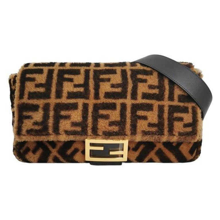 Fendi Baguette Large Shearling Vitello Dolce Marco FF Tobacco Black Brown  Zucca For Sale at 1stDibs