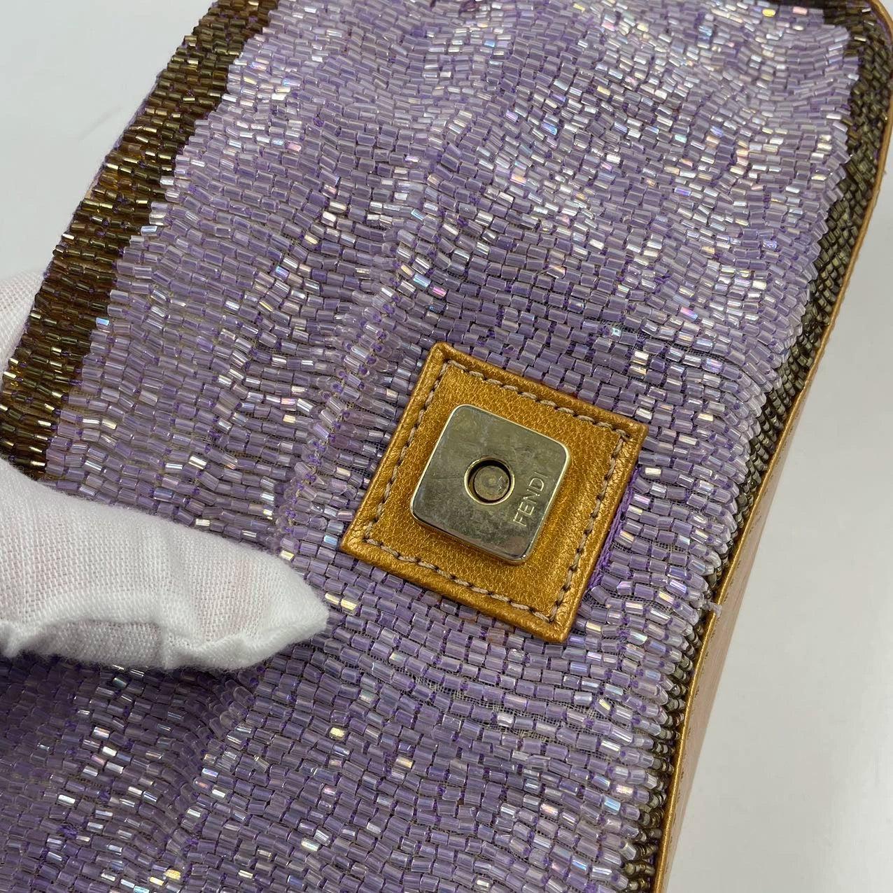 FENDI Baguette Lilac Purple Glitter beads and Gold Leather 6