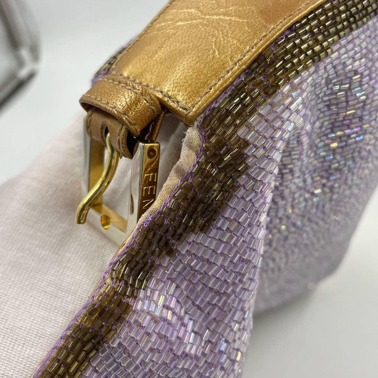 FENDI Baguette Lilac Purple Glitter beads and Gold Leather 10