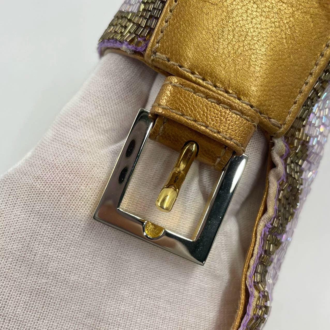 FENDI Baguette Lilac Purple Glitter beads and Gold Leather 12