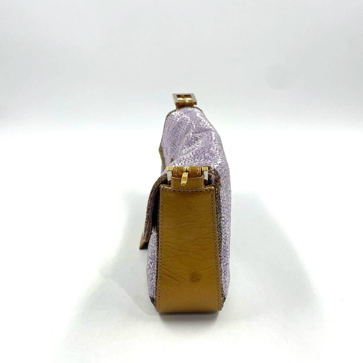 Women's FENDI Baguette Lilac Purple Glitter beads and Gold Leather